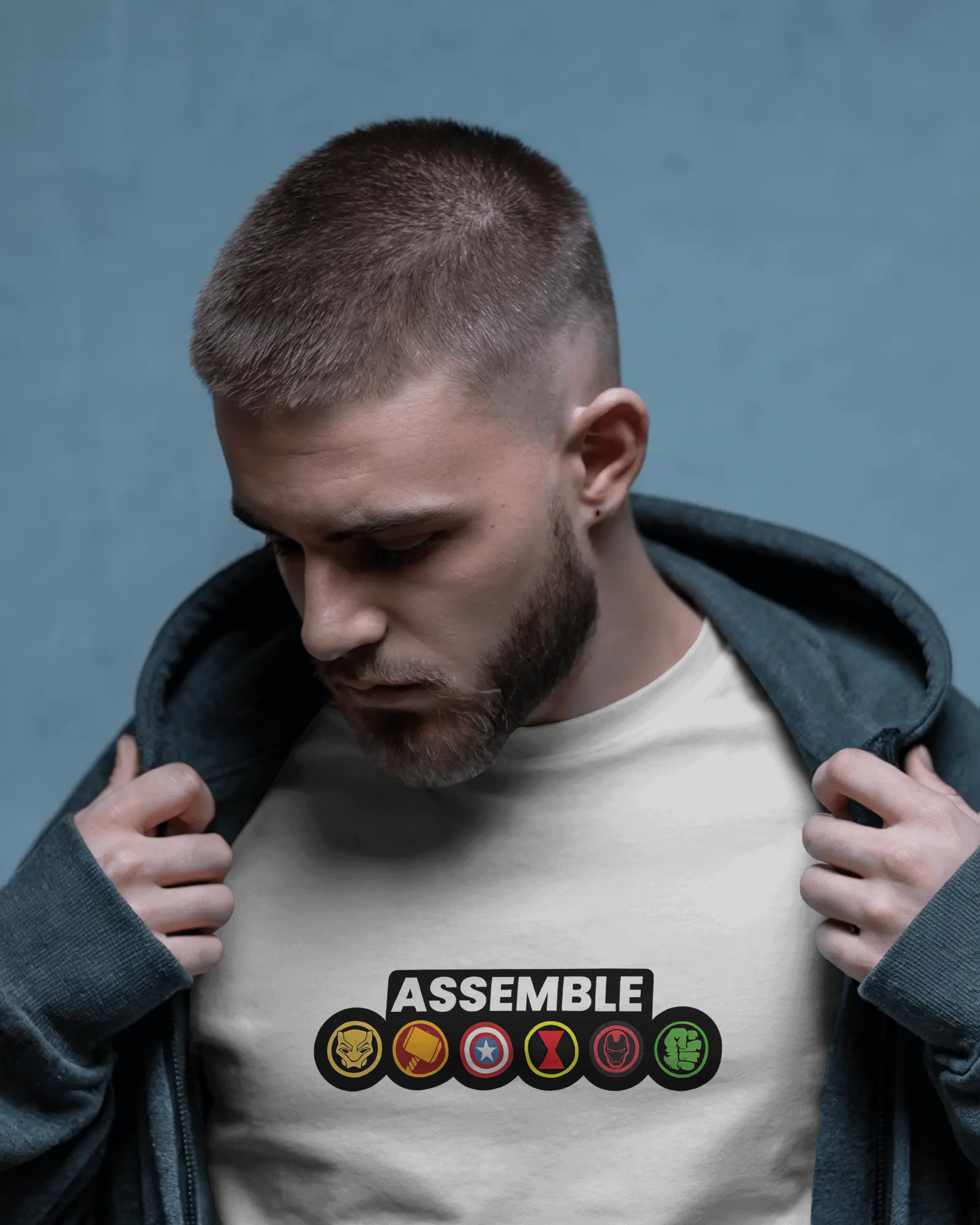 "ASSEMBLE" Avengers-Inspired Superhero Icons T-Shirt