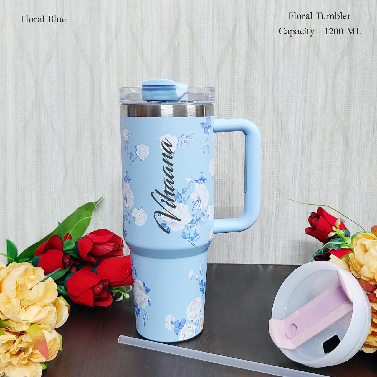 Custom Floral Blue Stainless Steel Tumbler with Name
