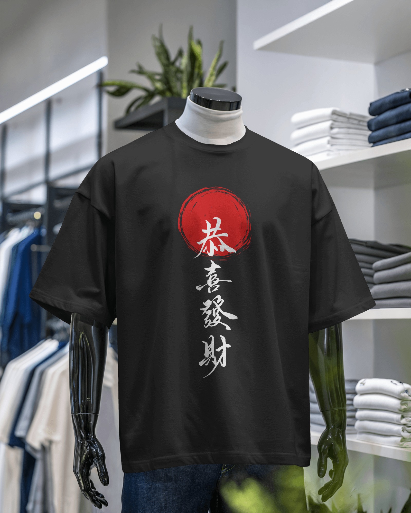 Rising Sun Kanji T-Shirt – Japanese Calligraphy Graphic Tee | Prosperity & Good Fortune Shirt | Oversized Black Streetwear Unisex T-Shirt
