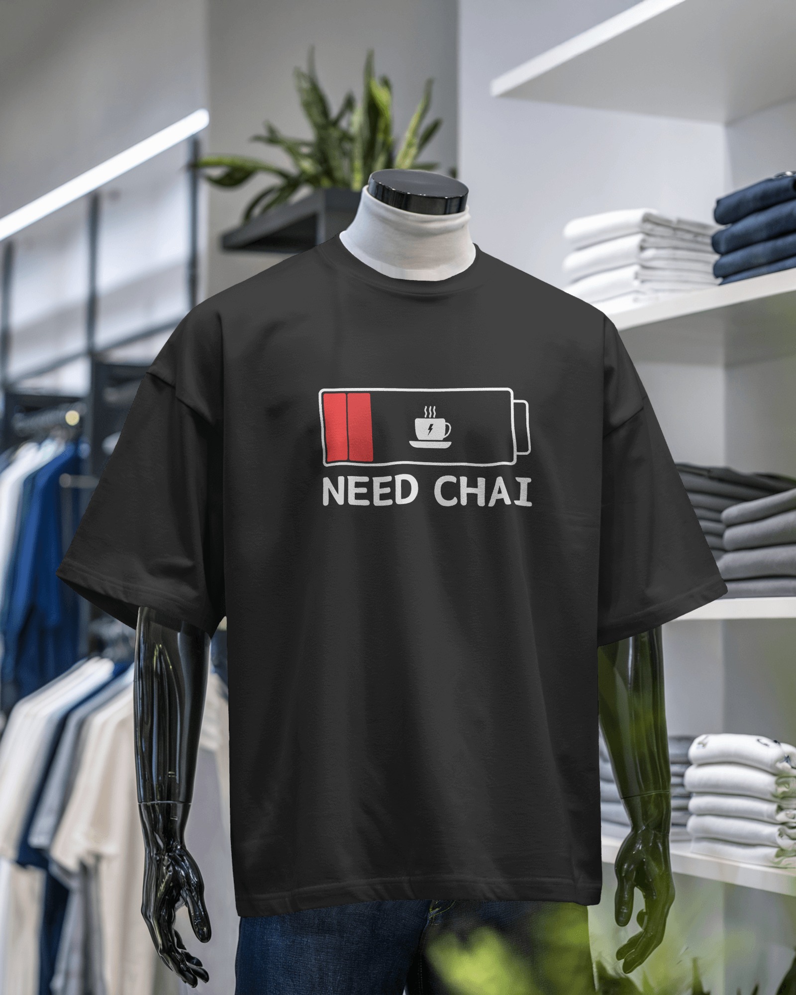 Need Chai T-Shirt – Funny Battery Low Chai Lover Tee | Black Cotton Unisex Oversized Shirt | Tea Humor Graphic T-Shirt