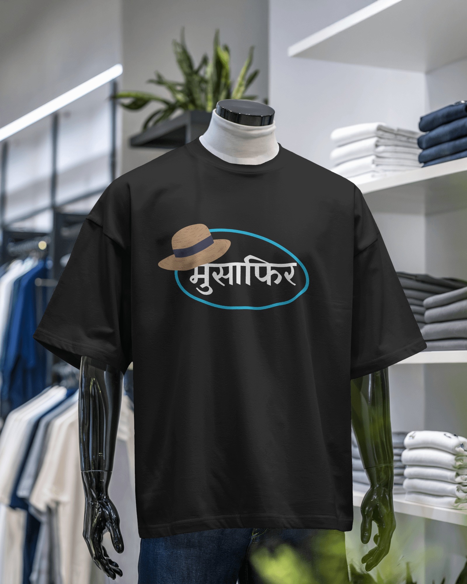 "Musafir" Oversized Hindi Typography T-Shirt – Black Travel-Inspired Graphic Tee for Wanderers & Free Spirits