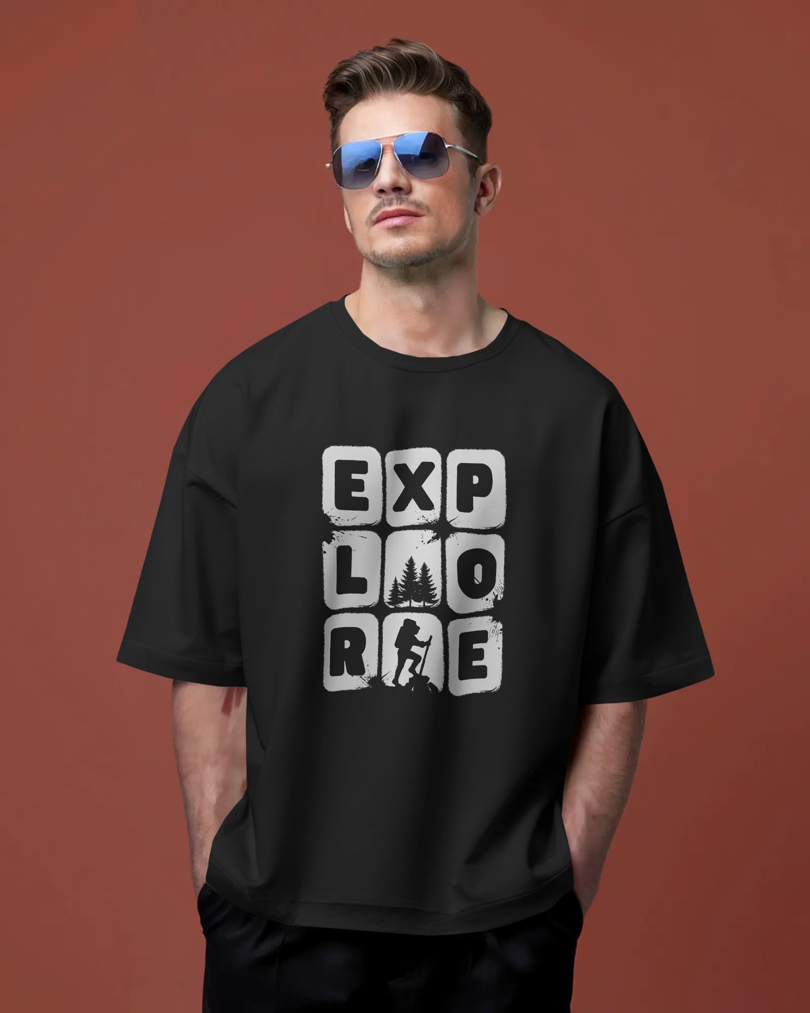 "EXPLORE" Oversized Adventure Graphic T-Shirt – Outdoor-Inspired Hiking & Nature Tee for Men
