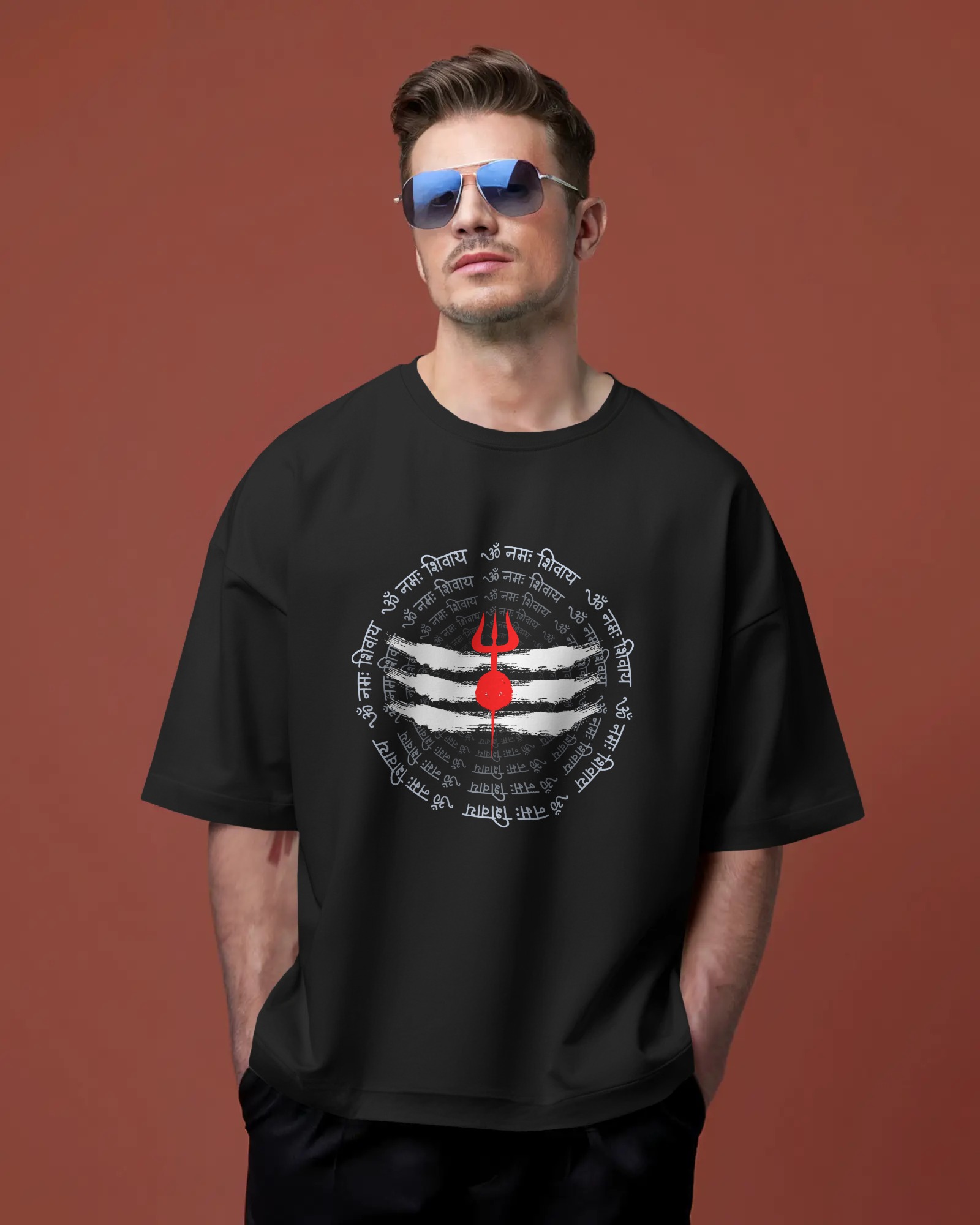 Men’s Oversized Shiva Trishul T-Shirt – “ॐ नमः शिवाय” Spiritual Graphic Tee | Black Cotton T-Shirt