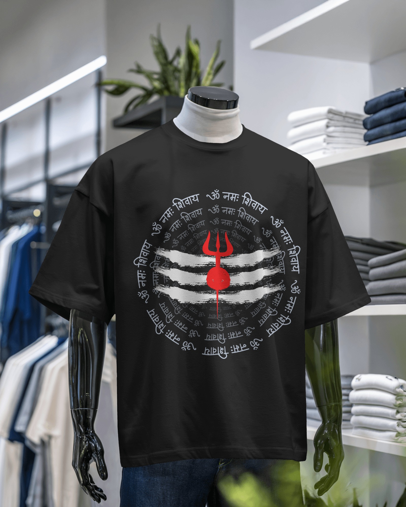 Men’s Oversized Shiva Trishul T-Shirt – “ॐ नमः शिवाय” Spiritual Graphic Tee | Black Cotton T-Shirt