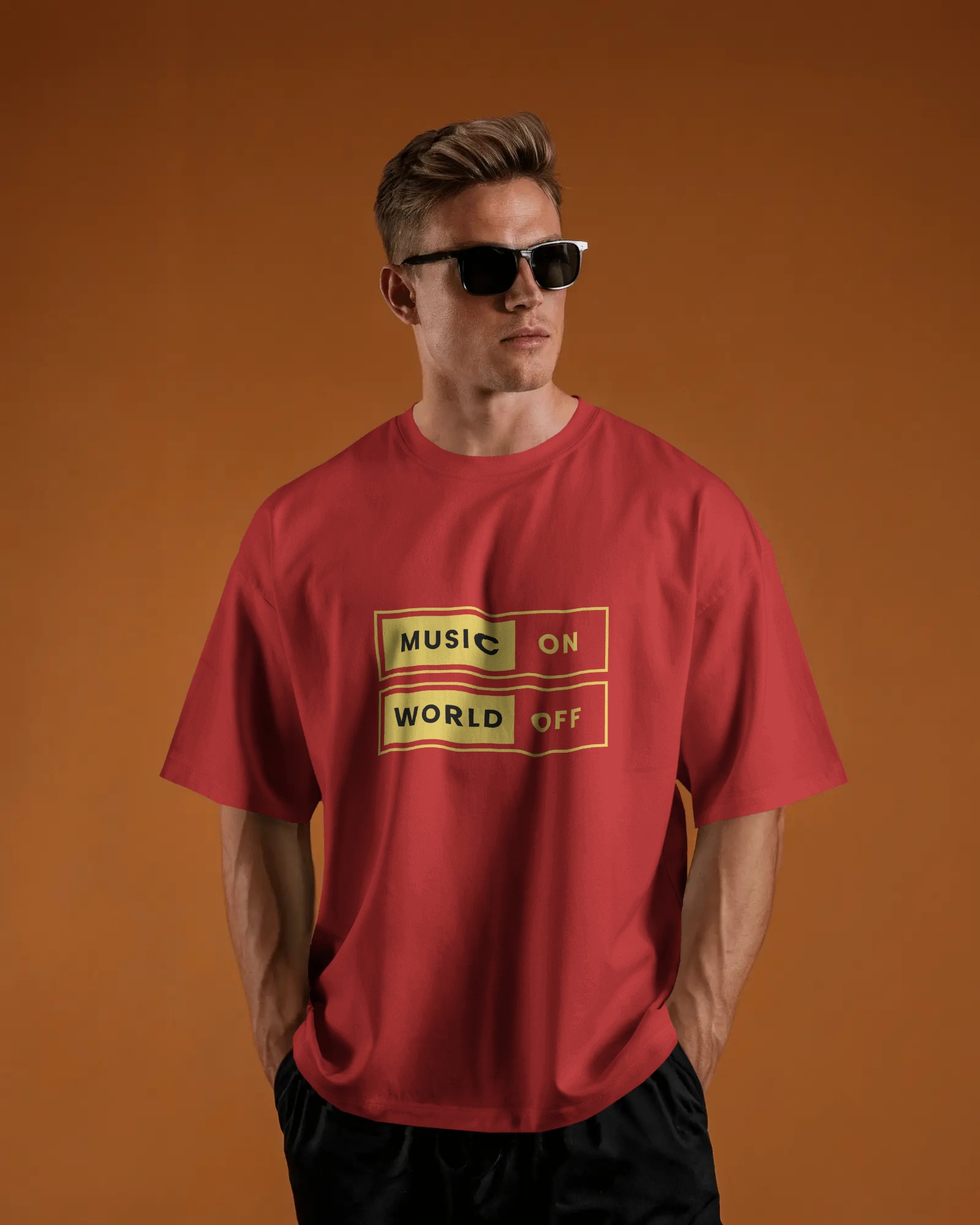 🎧 Music On, World Off – Red Oversized Graphic T-Shirt for Men | Streetwear Vibes