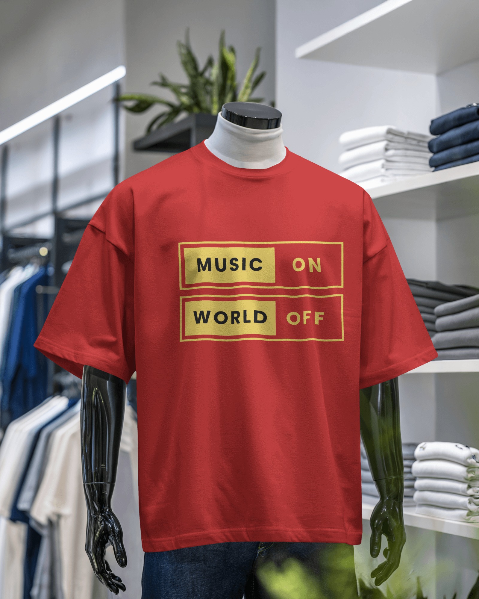 🎧 Music On, World Off – Red Oversized Graphic T-Shirt for Men | Streetwear Vibes