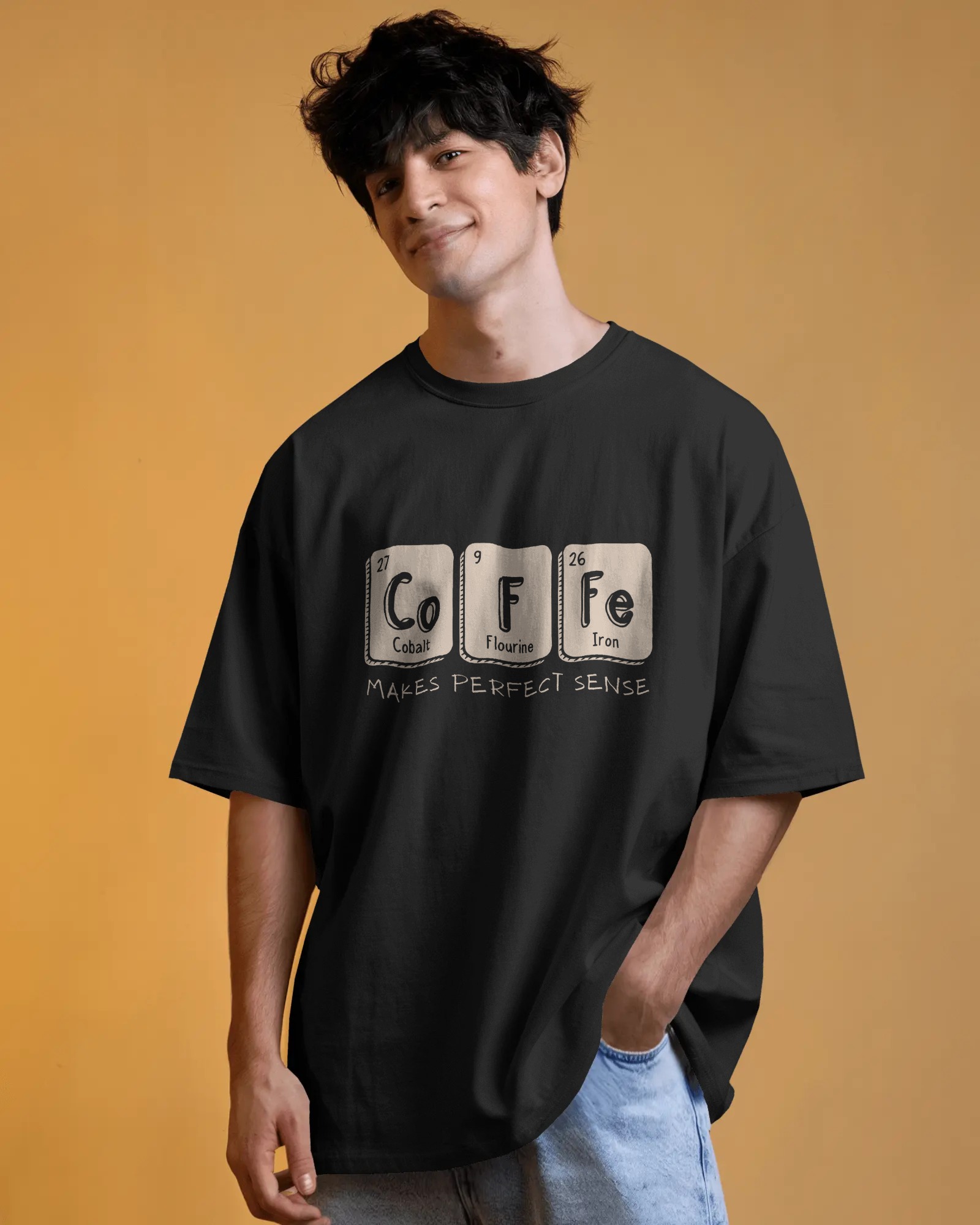 ☕ CoFFe Makes Perfect Sense – Black Oversized T-Shirt for Men | Periodic Table Graphic Tee