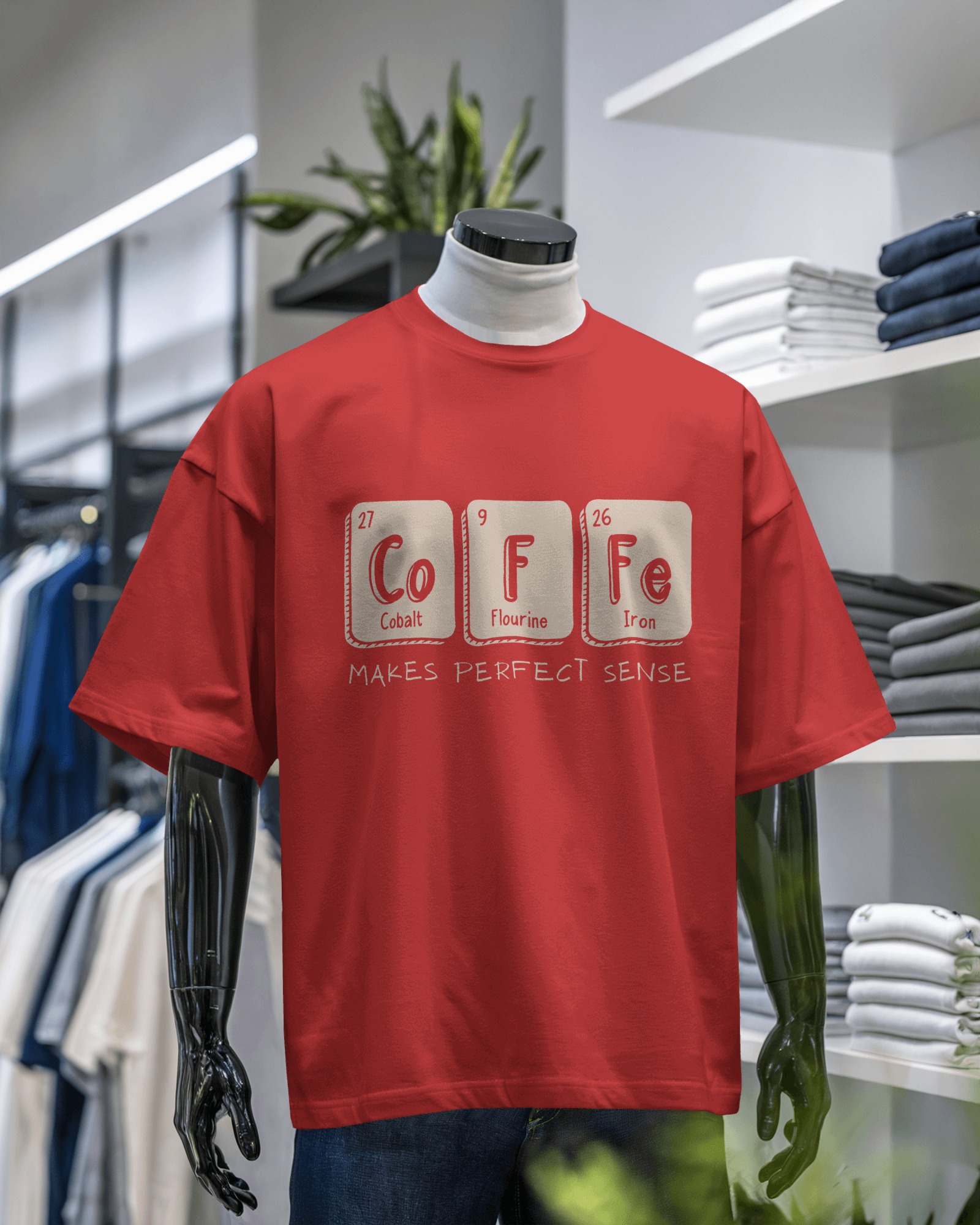 ☕ CoFFe Makes Perfect Sense – Black Oversized T-Shirt for Men | Periodic Table Graphic Tee