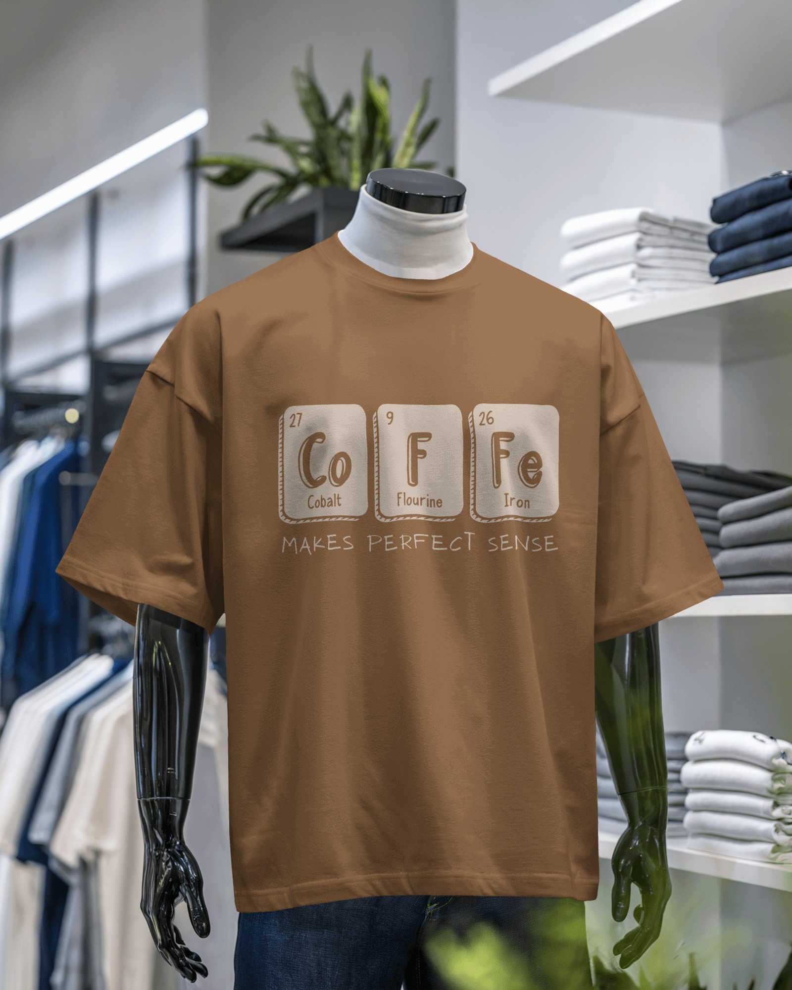 ☕ CoFFe Makes Perfect Sense – Black Oversized T-Shirt for Men | Periodic Table Graphic Tee