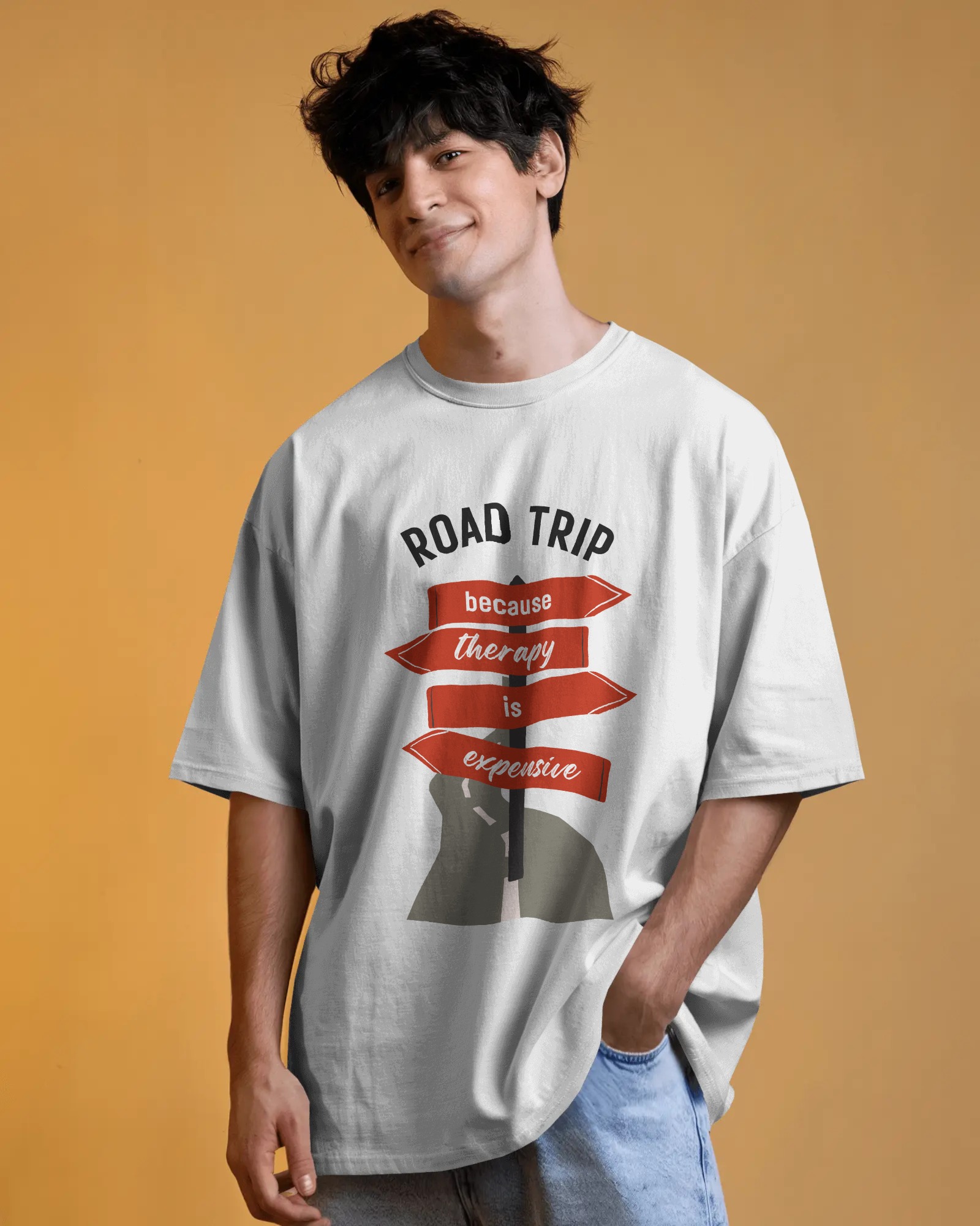  Road Trip Because Therapy is Expensive – White Oversized Travel Quote T-Shirt for Men & Women