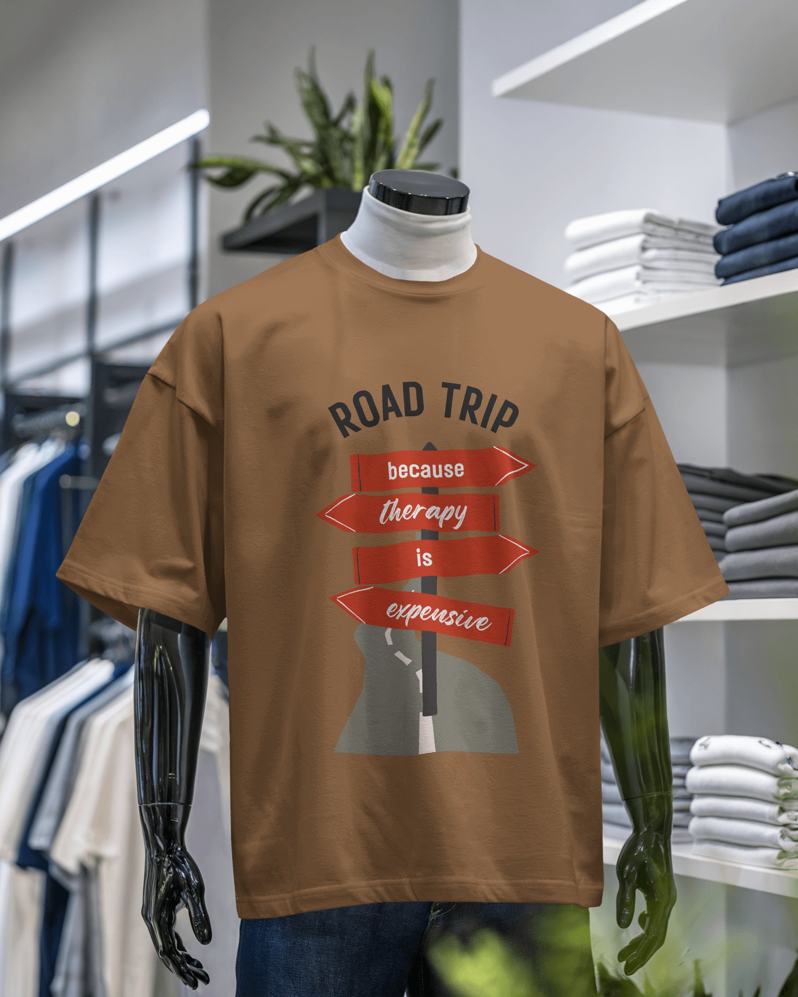  Road Trip Because Therapy is Expensive – White Oversized Travel Quote T-Shirt for Men & Women