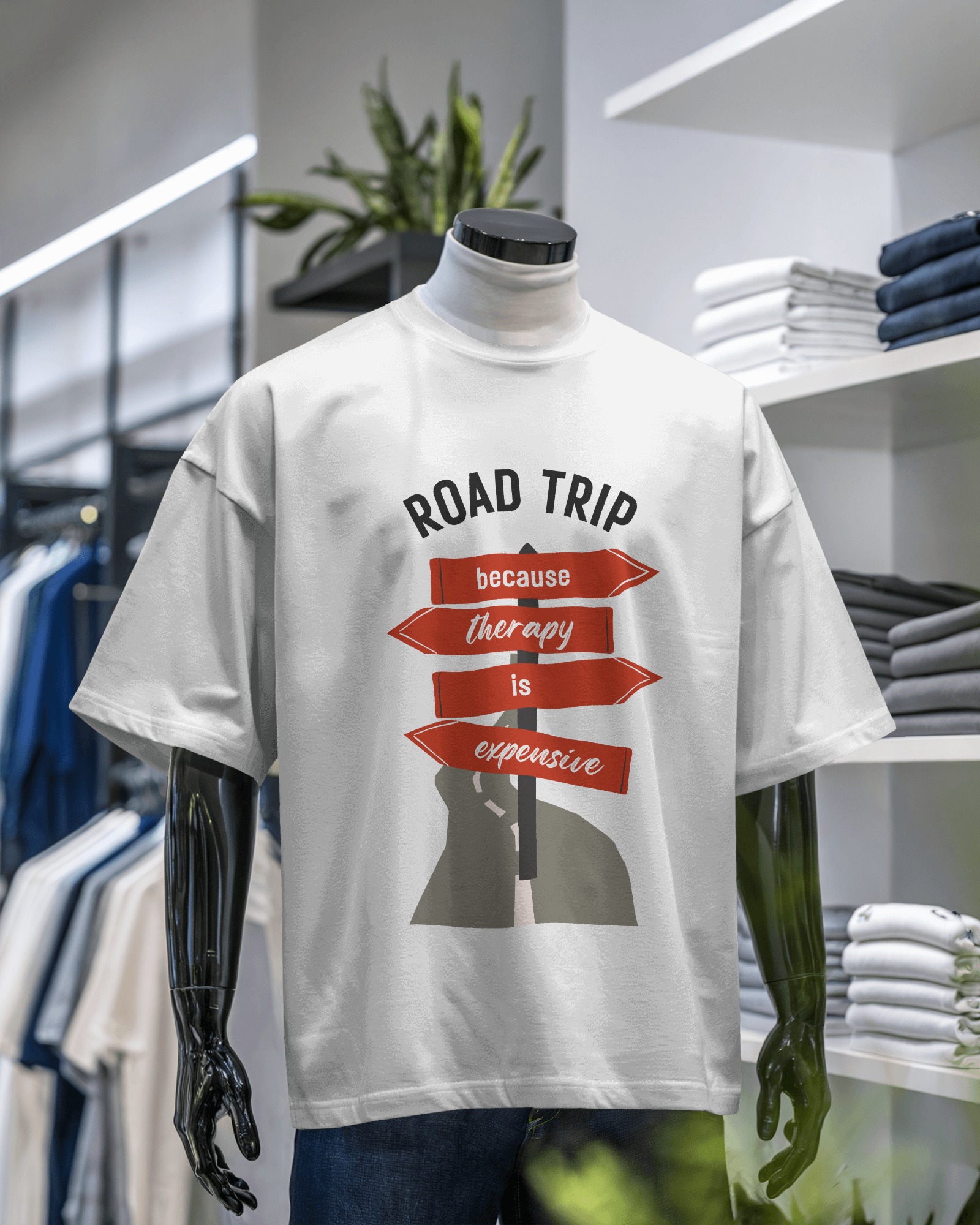  Road Trip Because Therapy is Expensive – White Oversized Travel Quote T-Shirt for Men & Women