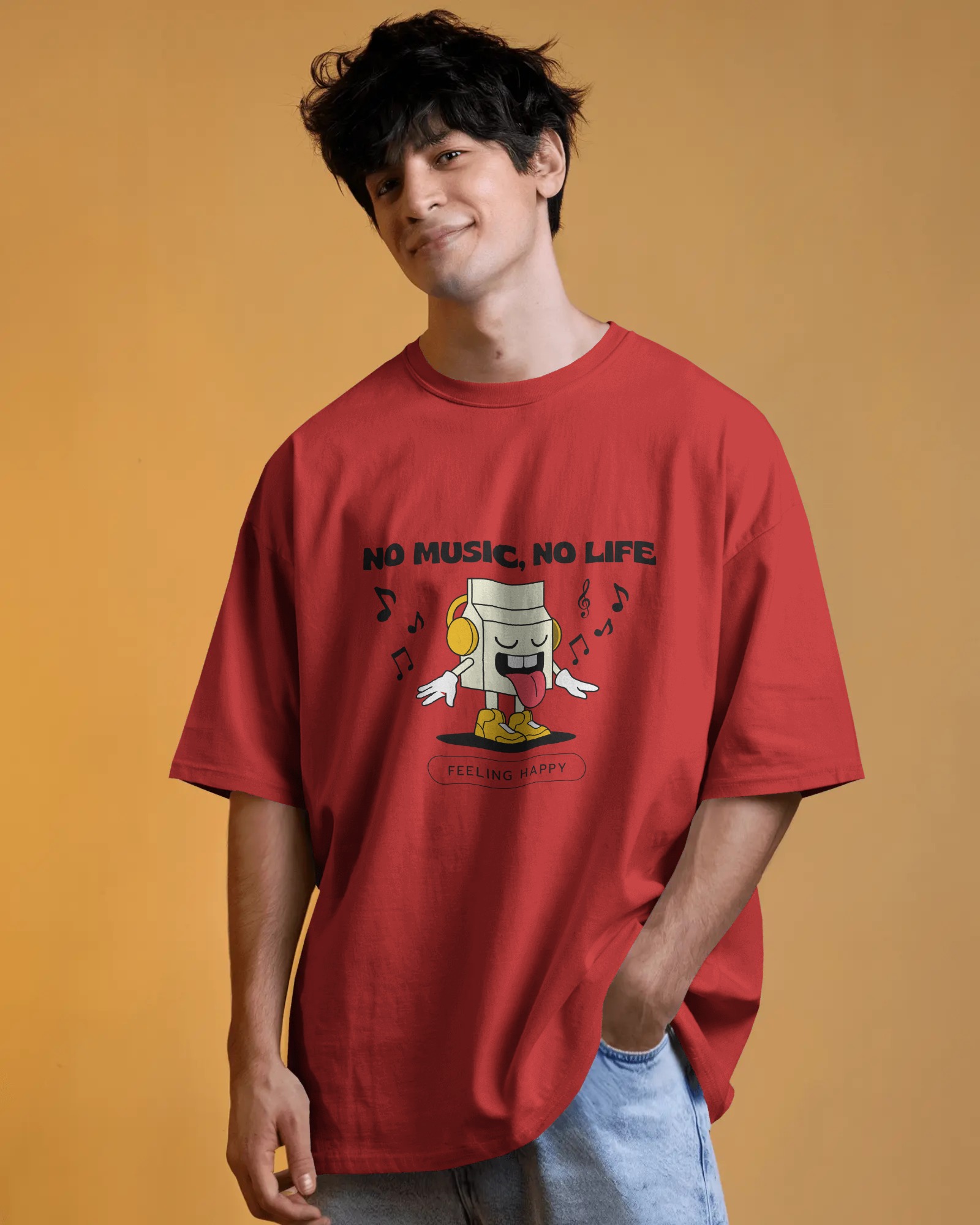 No Music, No Life – Red Oversized Cartoon Music T-Shirt | Unisex Streetwear for Music Lovers🎵