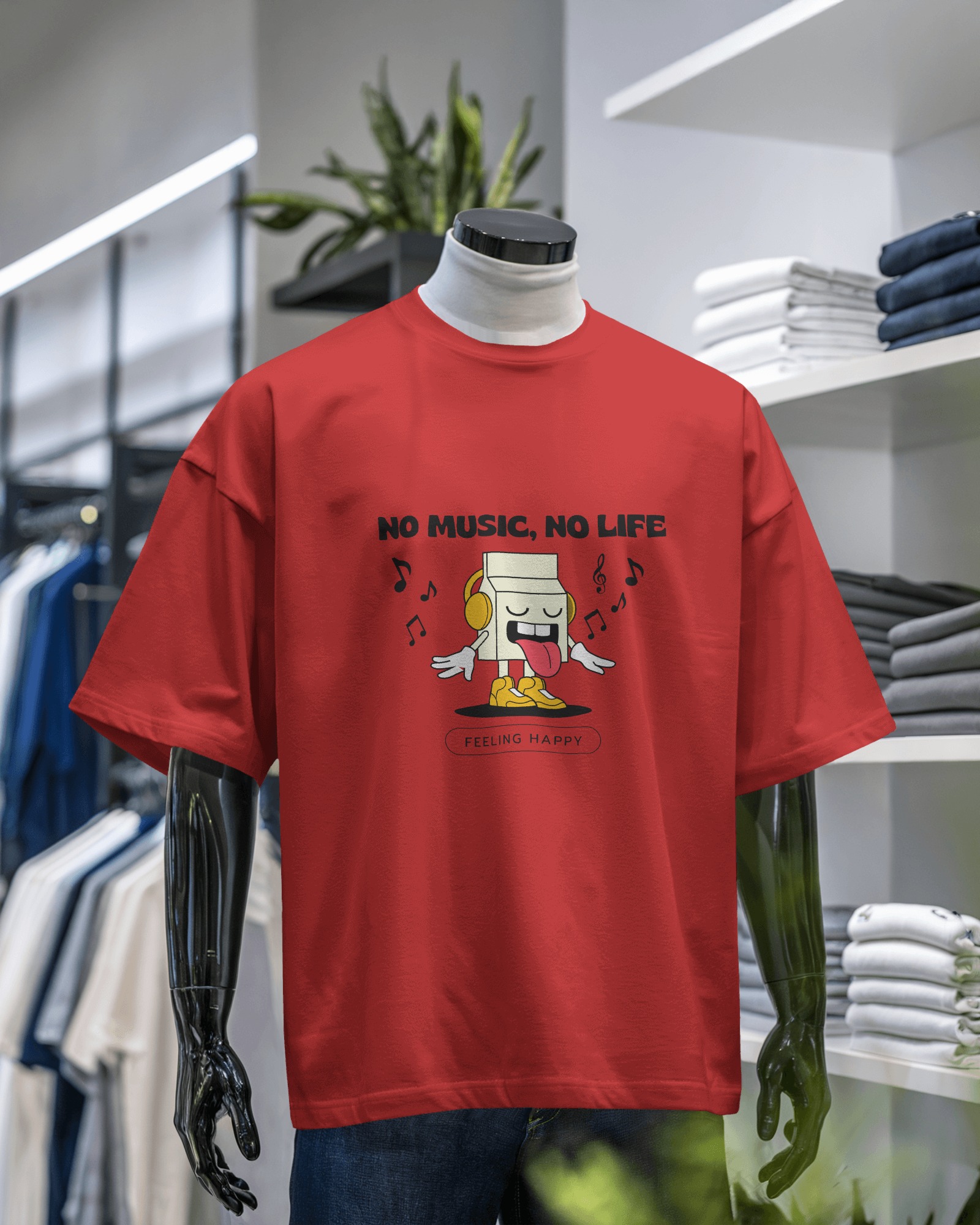 No Music, No Life – Red Oversized Cartoon Music T-Shirt | Unisex Streetwear for Music Lovers🎵