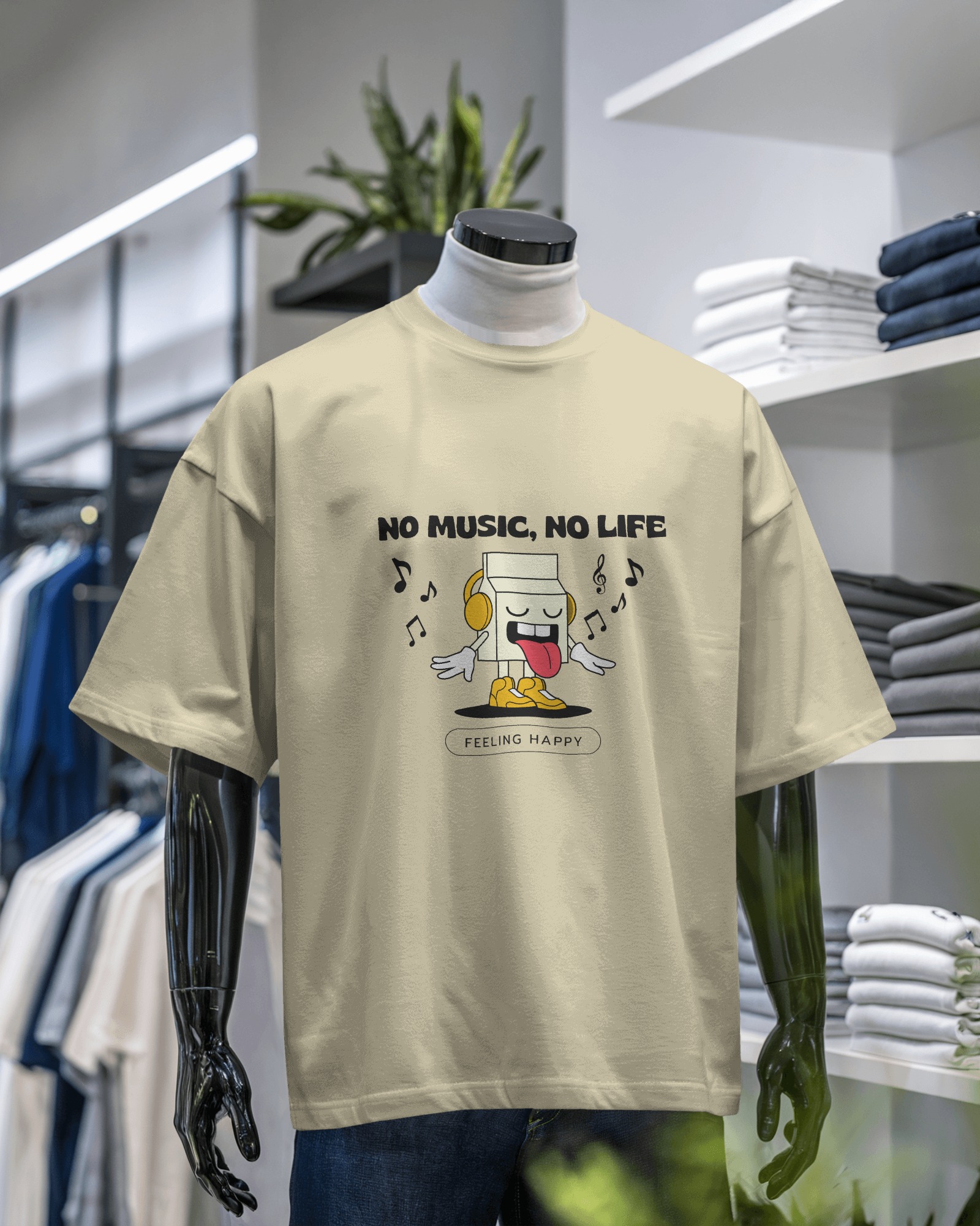 No Music, No Life – Red Oversized Cartoon Music T-Shirt | Unisex Streetwear for Music Lovers🎵