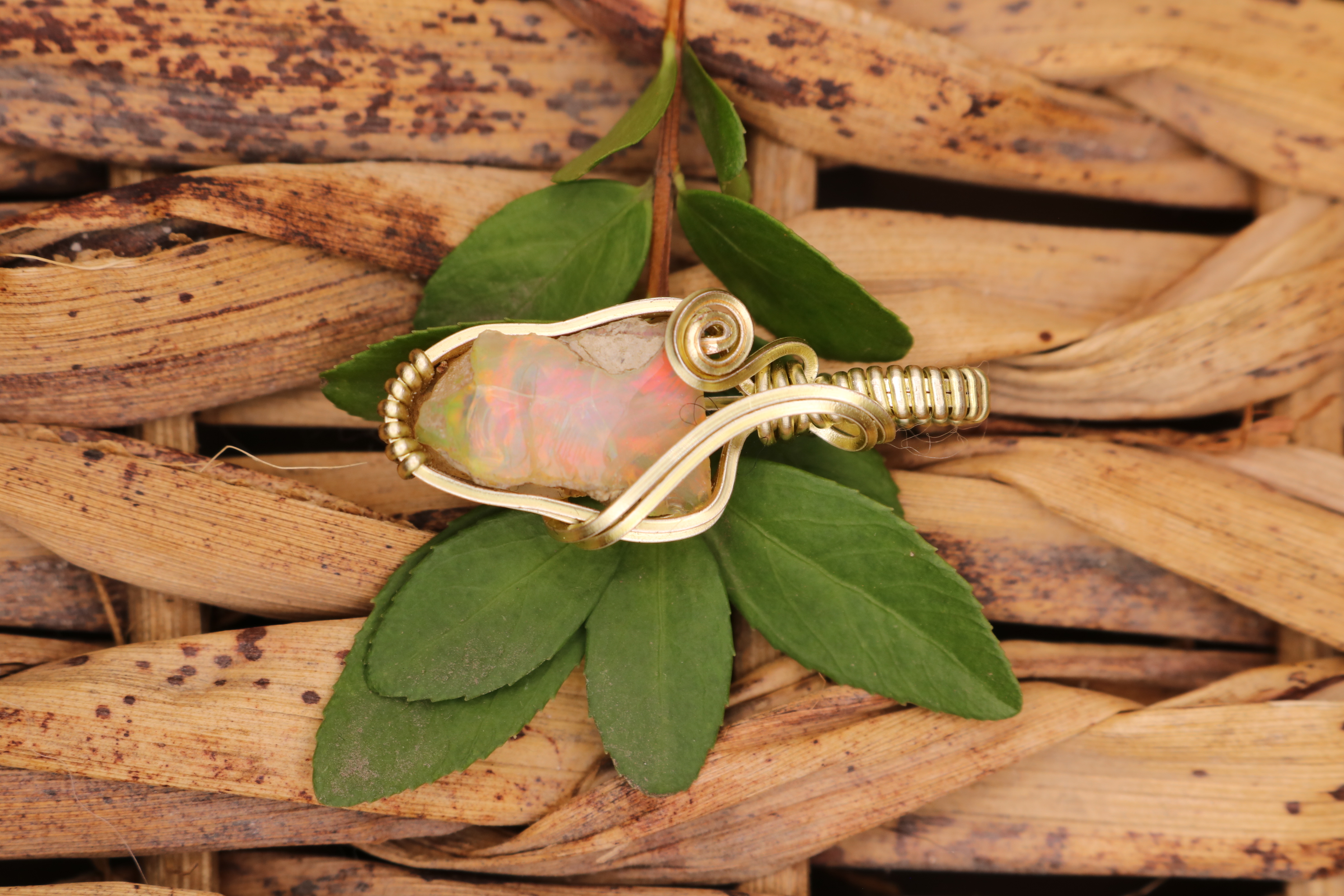 Gold Wire Wrapped Opal Crystal Necklace Pendant 