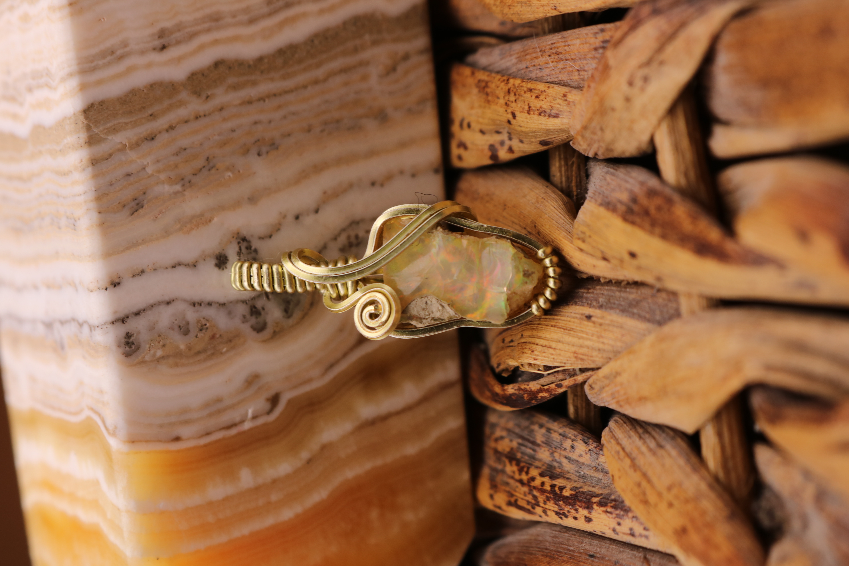 Gold Wire Wrapped Opal Crystal Necklace Pendant 