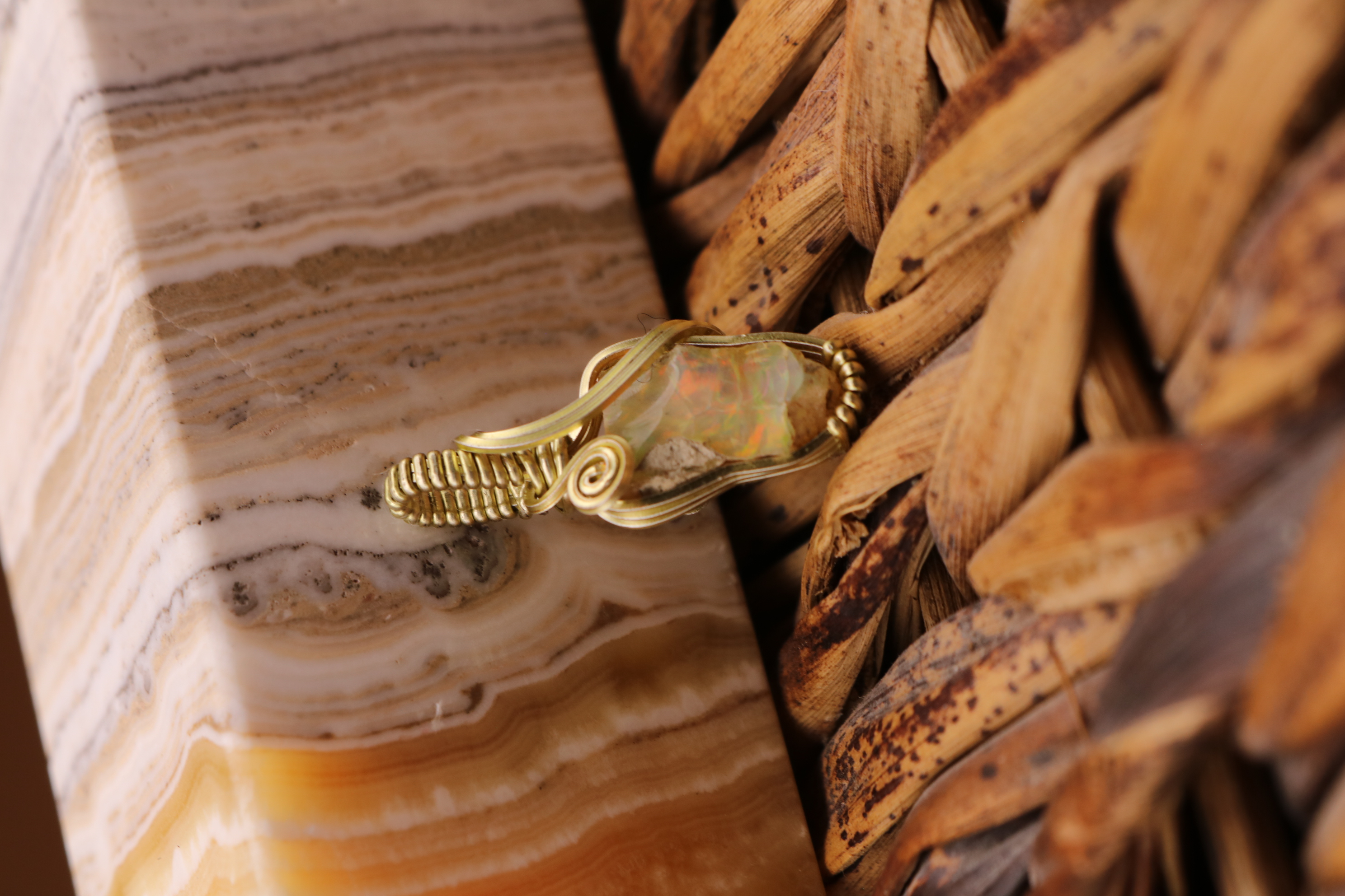 Gold Wire Wrapped Opal Crystal Necklace Pendant 