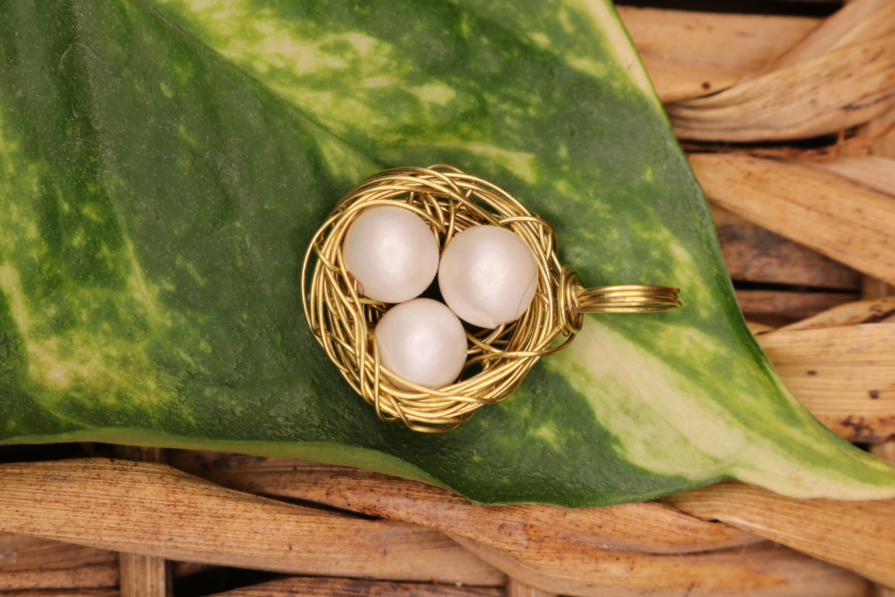 Gold Wire Wrapped Egg Nest Necklace Pendant