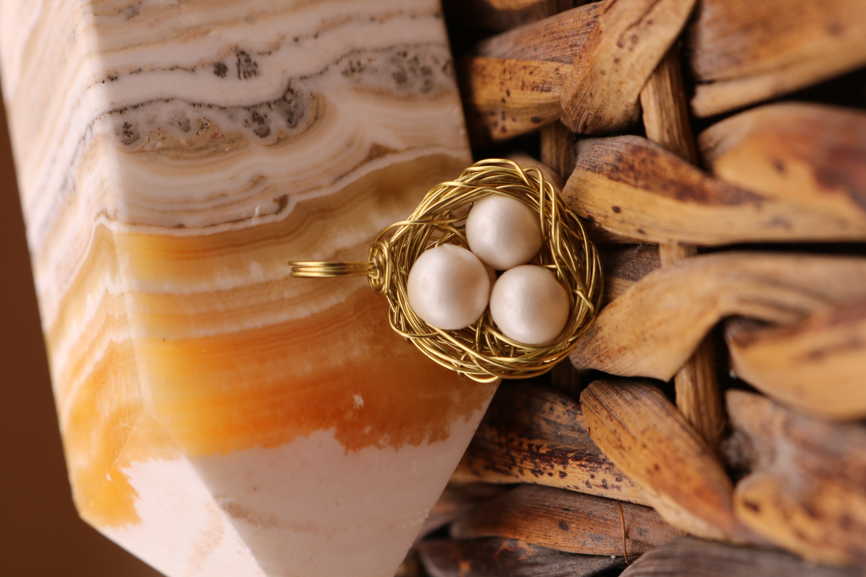 Gold Wire Wrapped Egg Nest Necklace Pendant