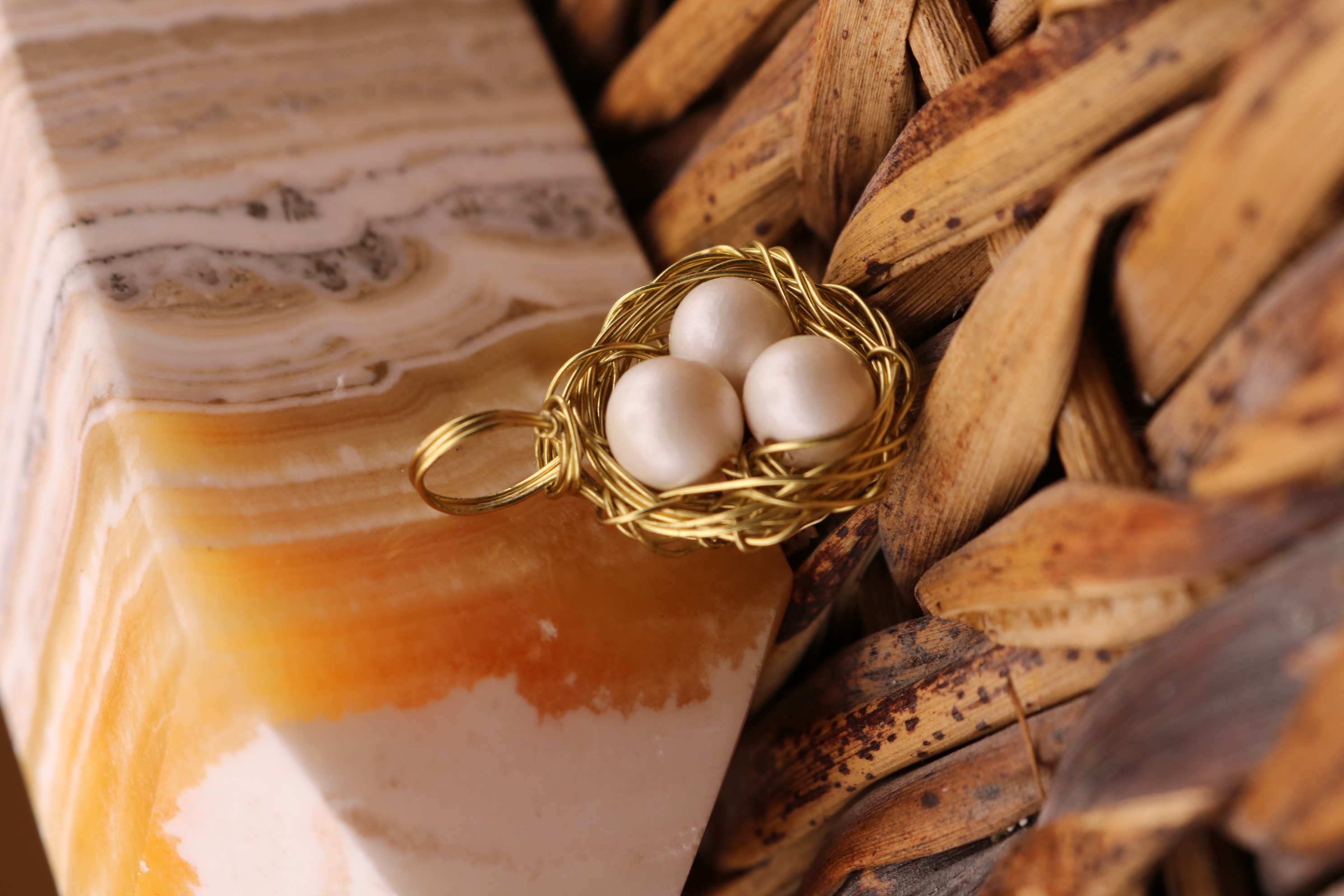 Gold Wire Wrapped Egg Nest Necklace Pendant