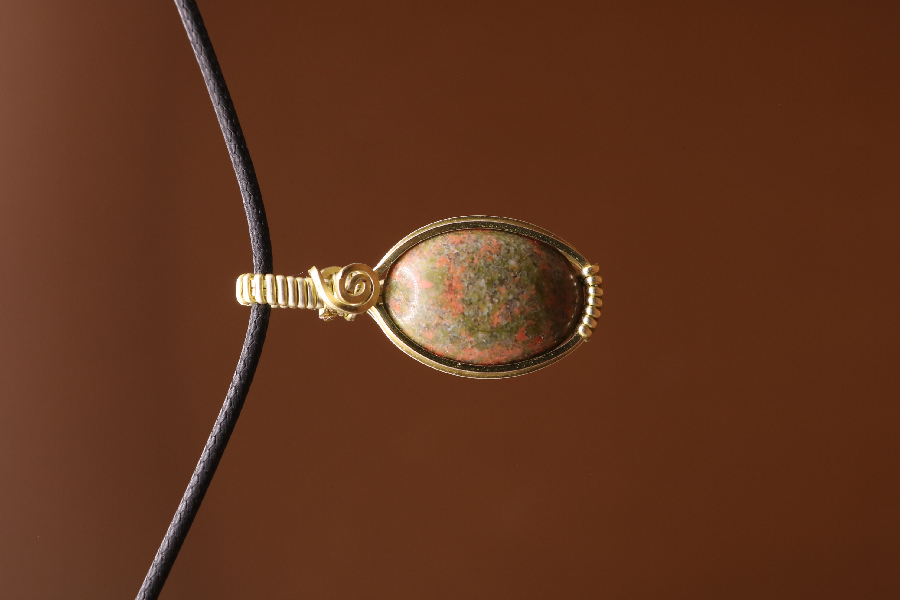 Gold Wire Wrapped Unakite Crystal Necklace Pendant