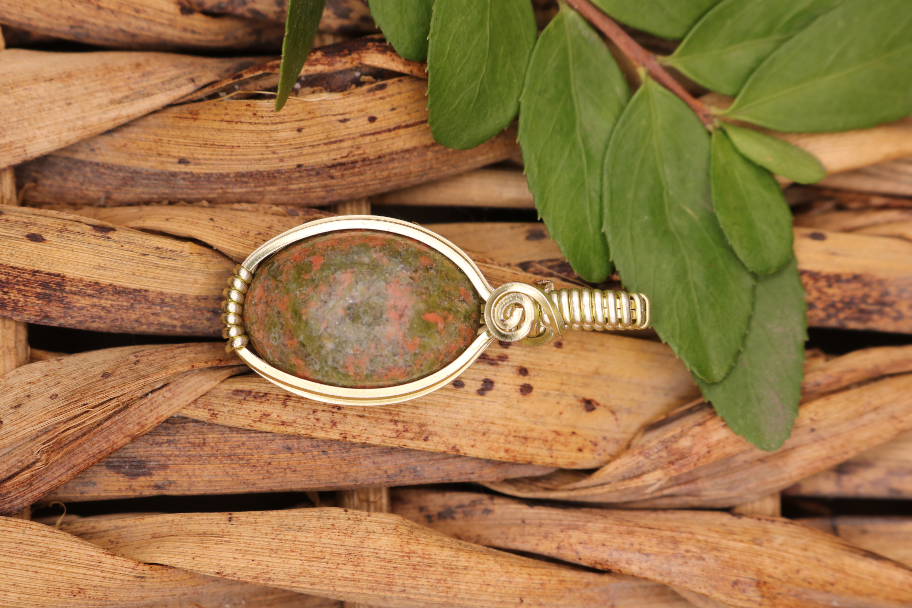 Gold Wire Wrapped Unakite Crystal Necklace Pendant