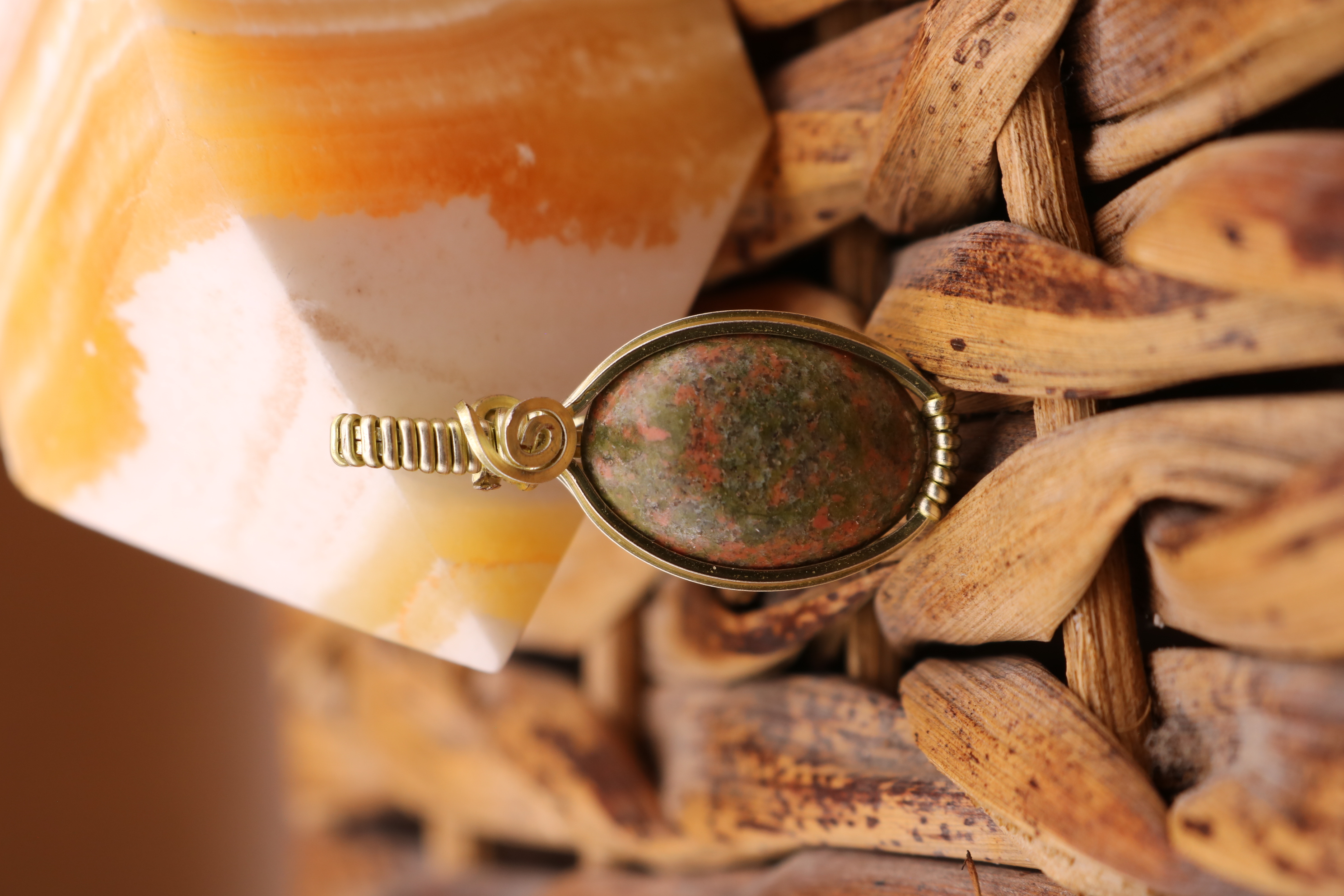 Gold Wire Wrapped Unakite Crystal Necklace Pendant