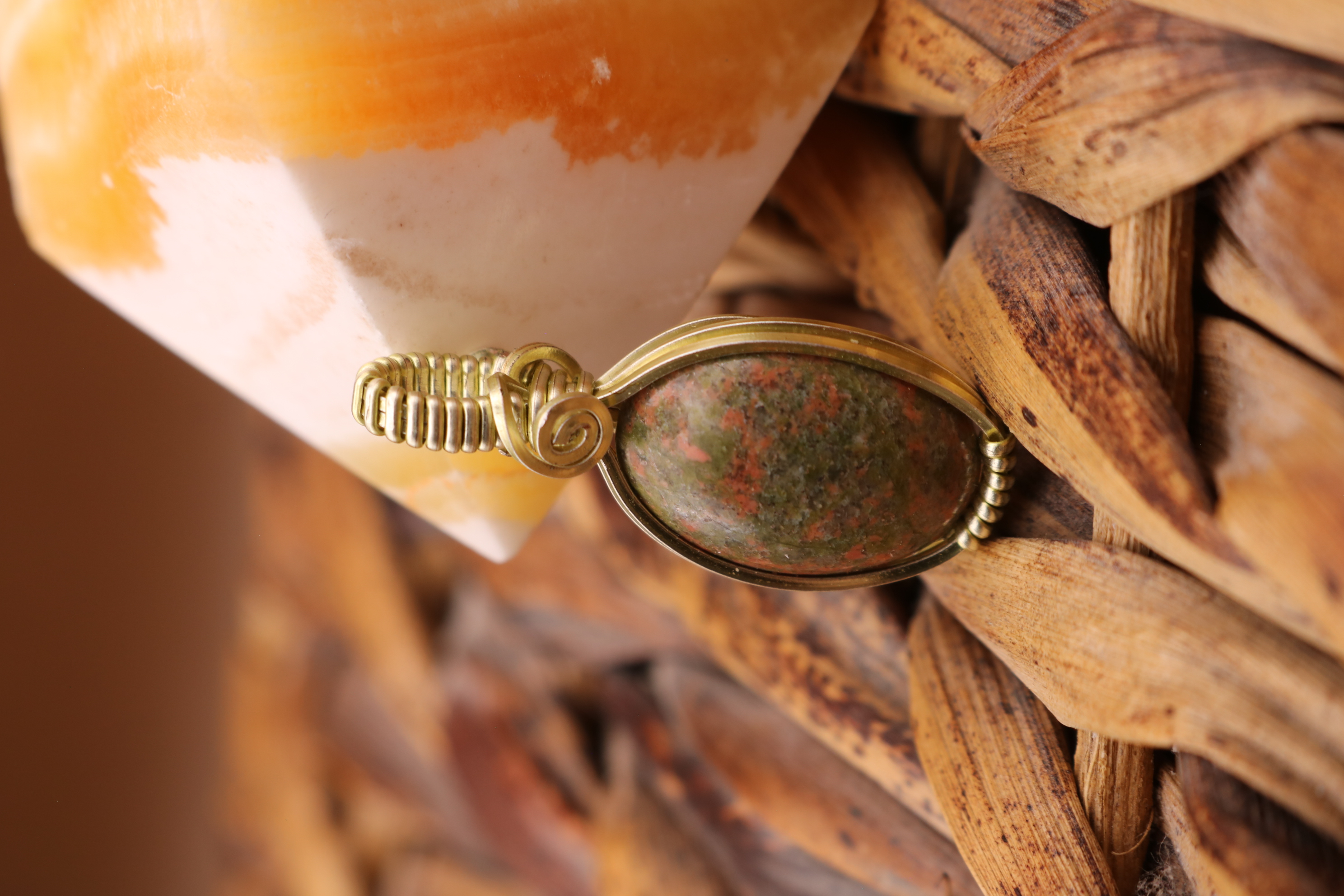 Gold Wire Wrapped Unakite Crystal Necklace Pendant
