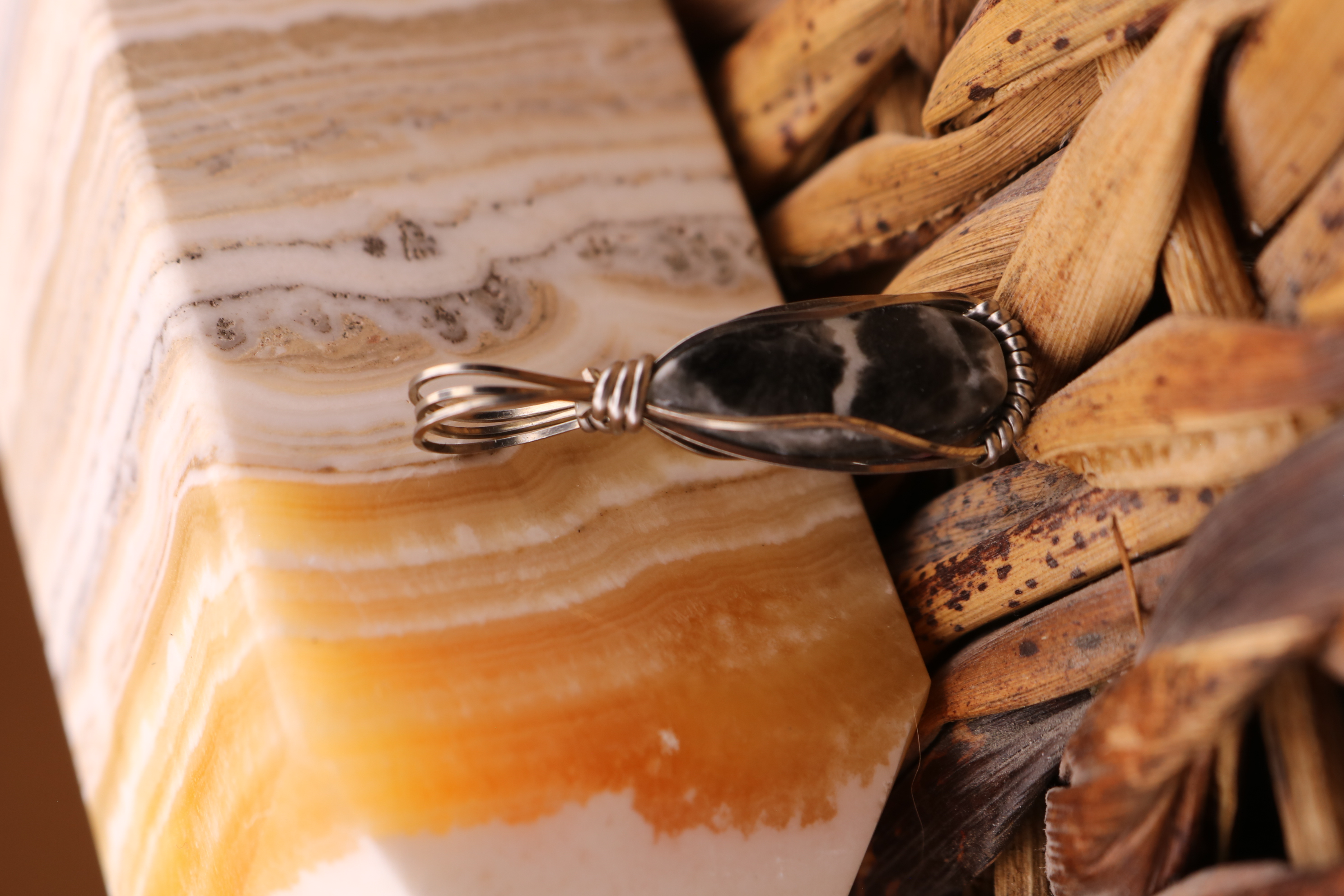 Silver Wire Wrapped Shell Jasper Crystal Necklace Pendant