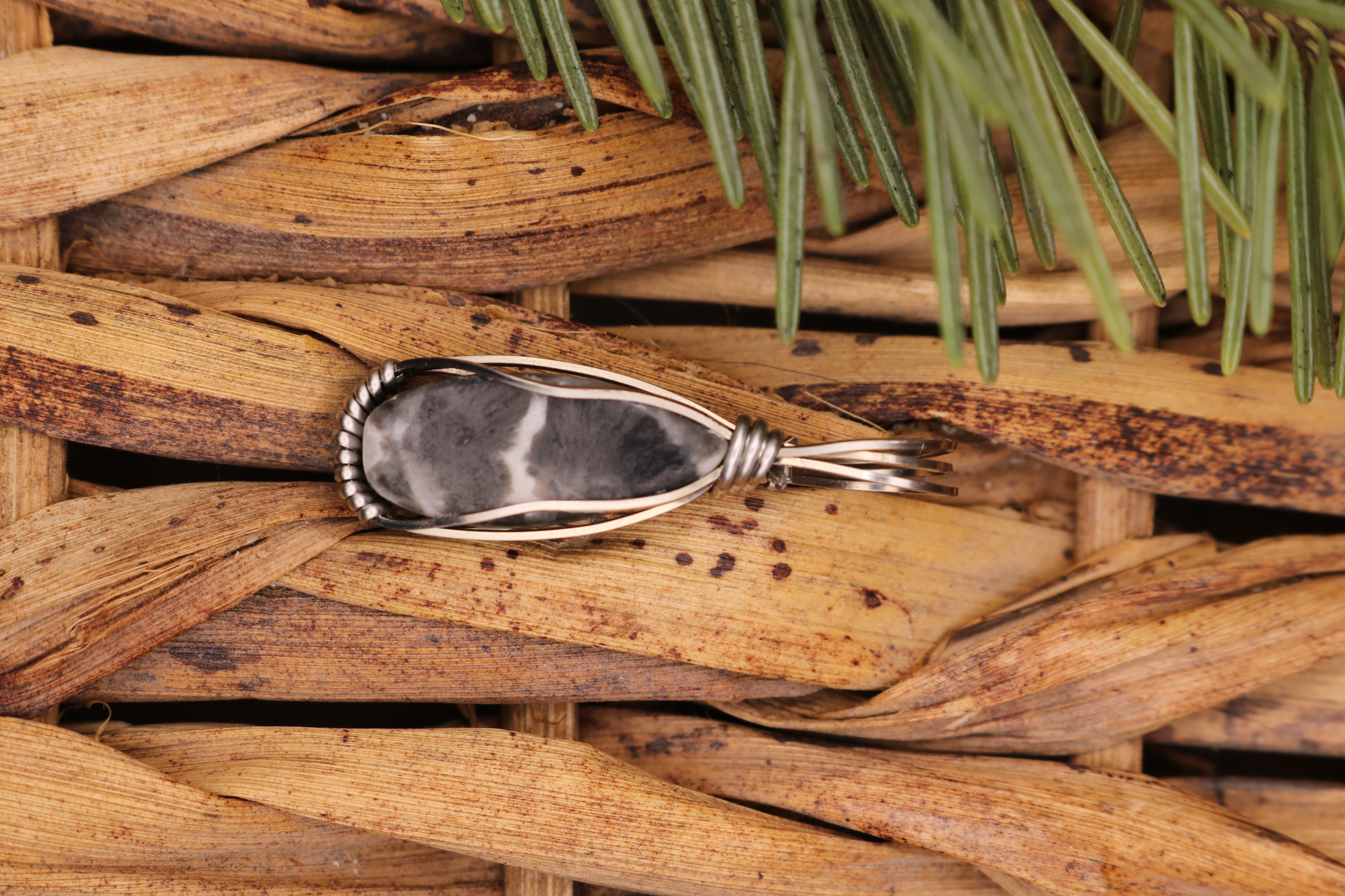 Silver Wire Wrapped Shell Jasper Crystal Necklace Pendant