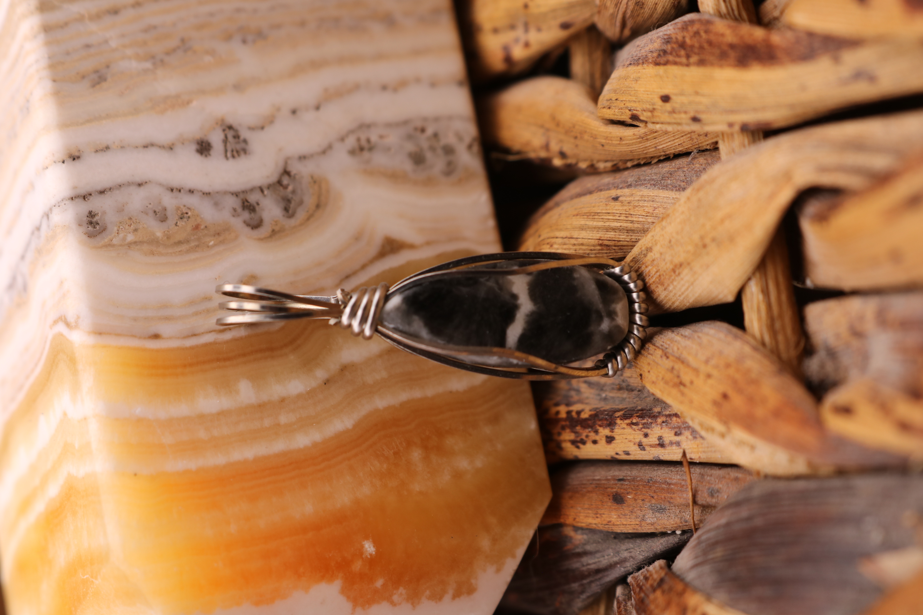 Silver Wire Wrapped Shell Jasper Crystal Necklace Pendant