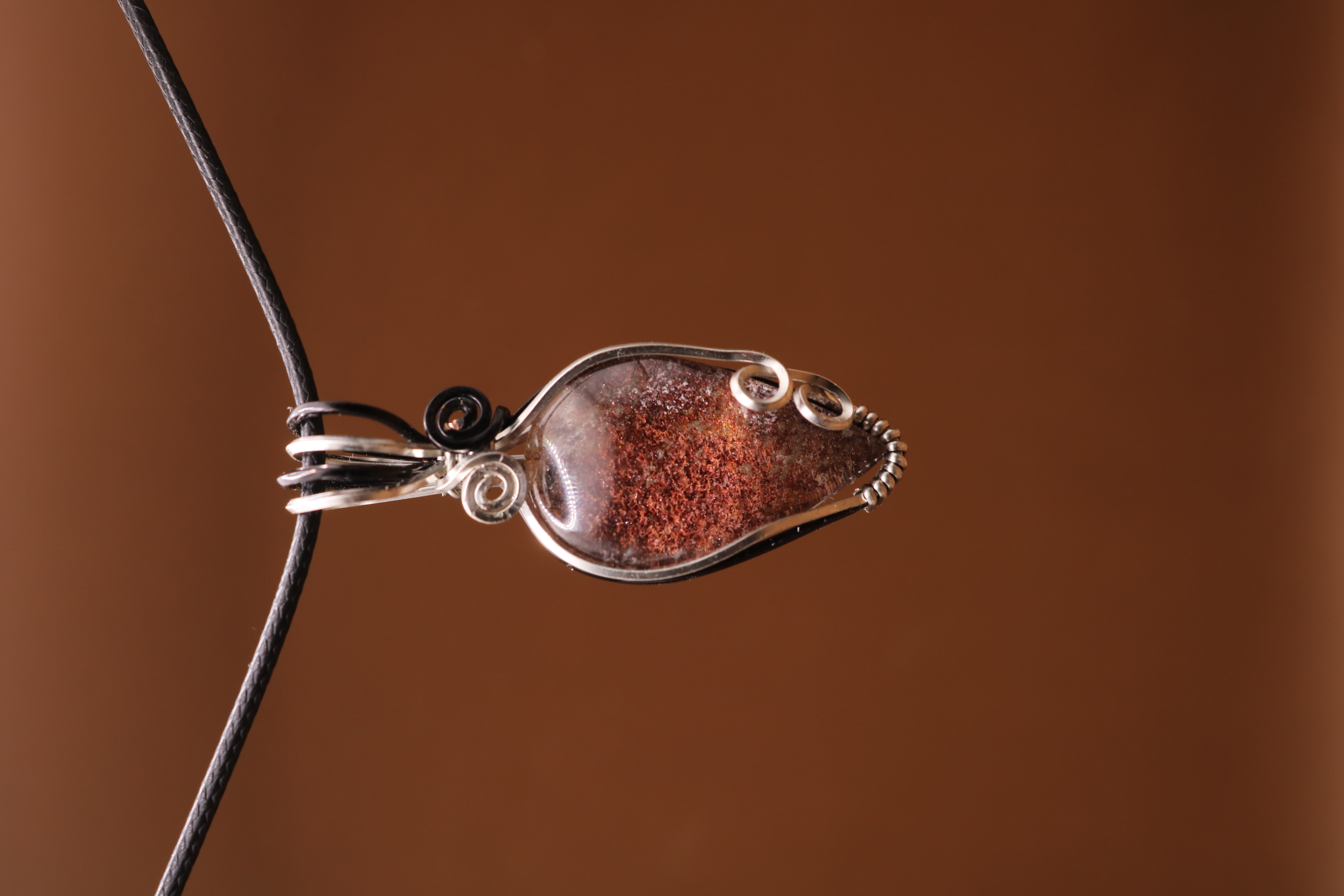 Black and Silver Wire Wrapped Lodolite Crystal Necklace Pendant