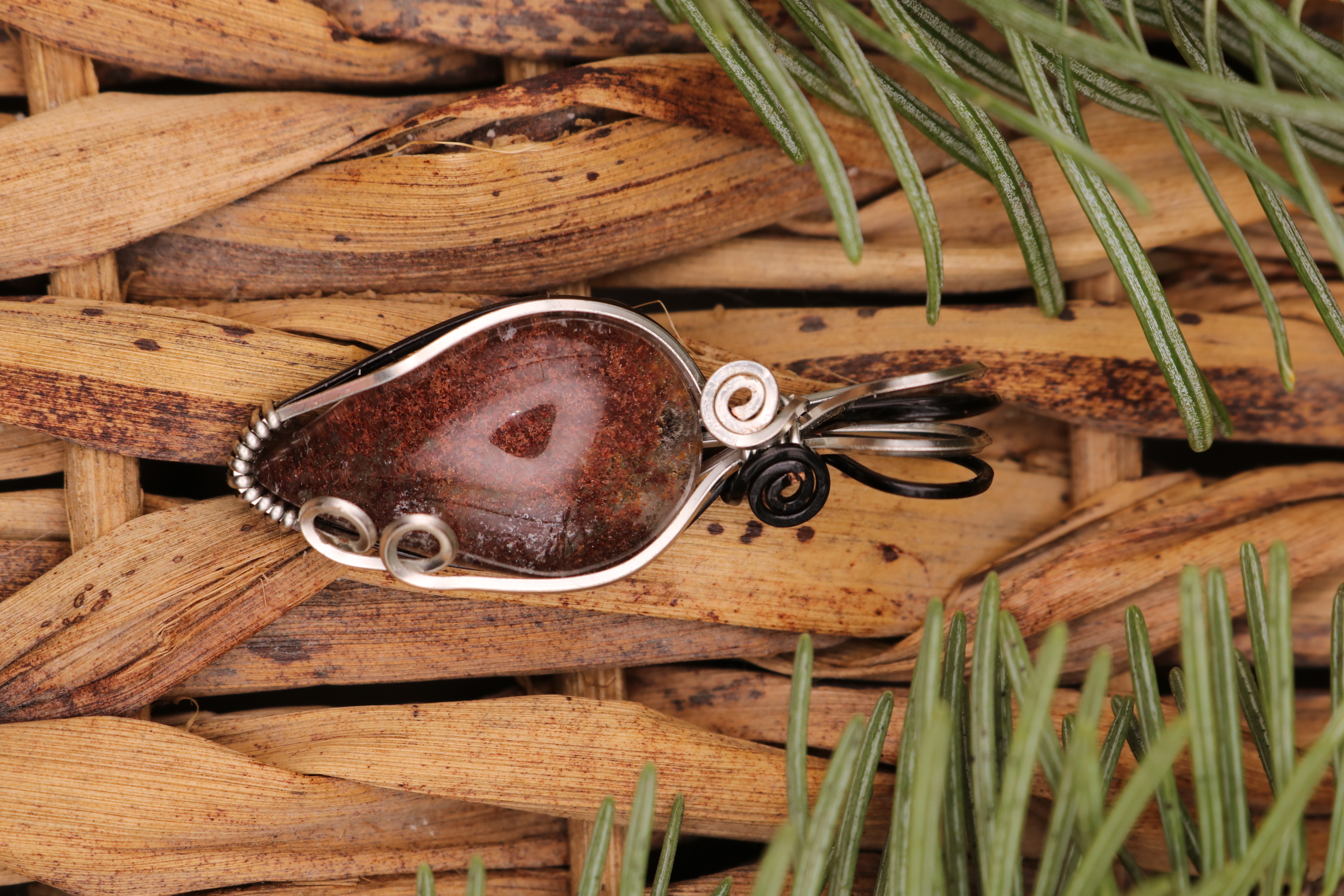 Black and Silver Wire Wrapped Lodolite Crystal Necklace Pendant