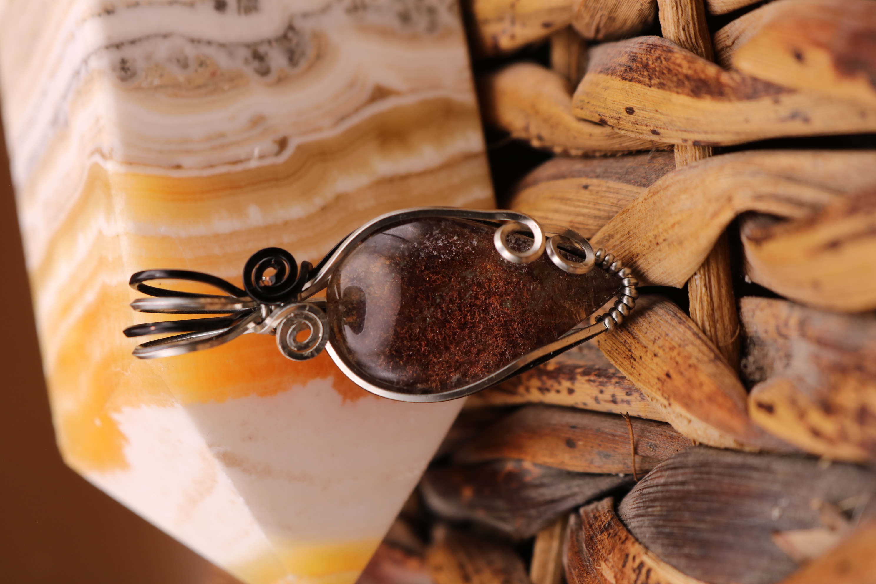 Black and Silver Wire Wrapped Lodolite Crystal Necklace Pendant