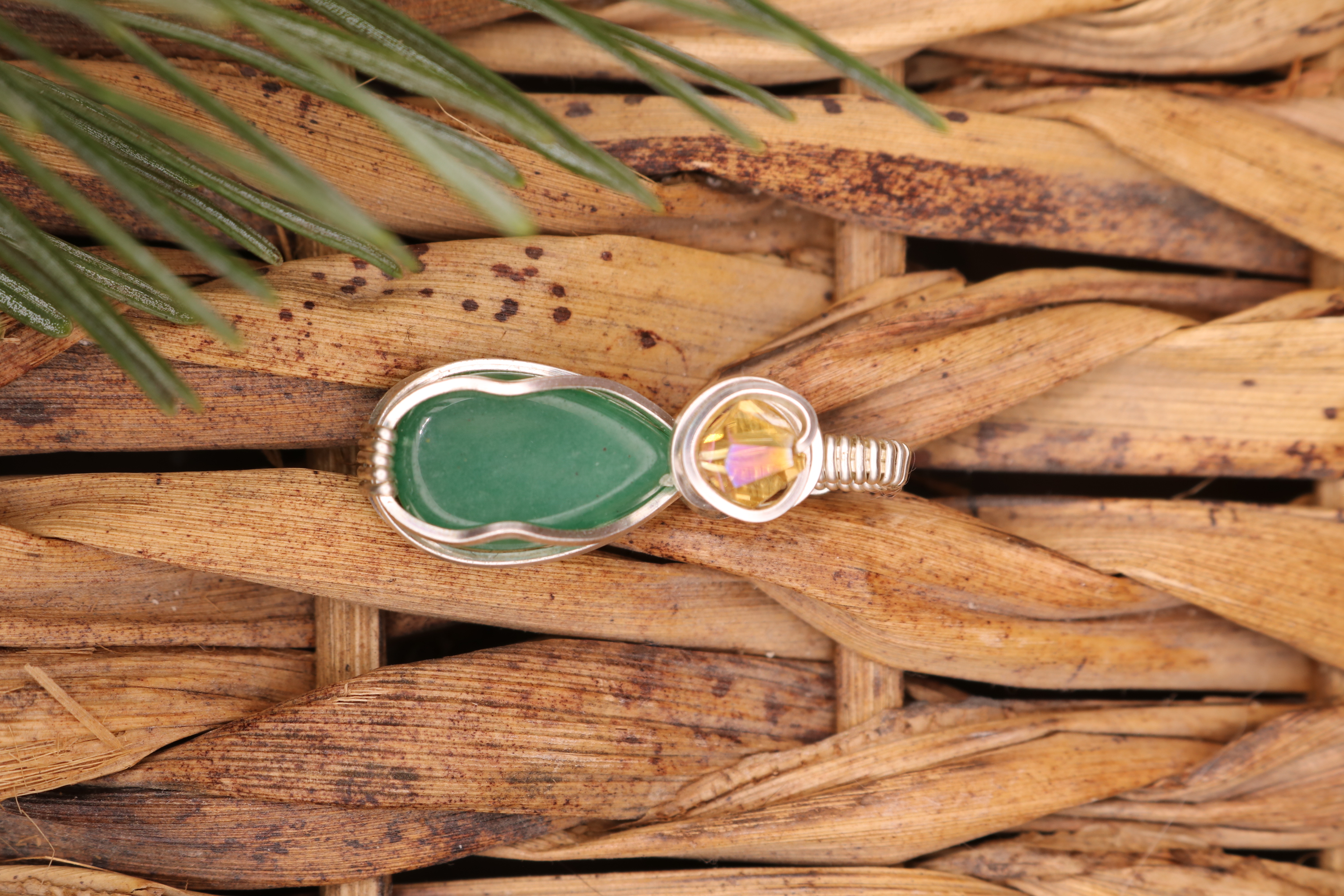 Gold Wire Wrapped Green Aventurine Crystal Necklace Pendant