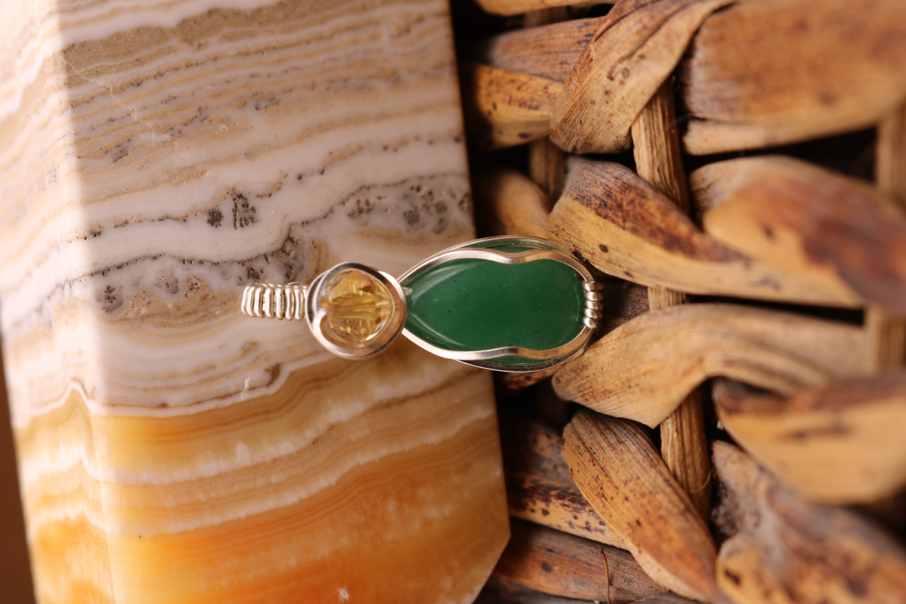 Gold Wire Wrapped Green Aventurine Crystal Necklace Pendant