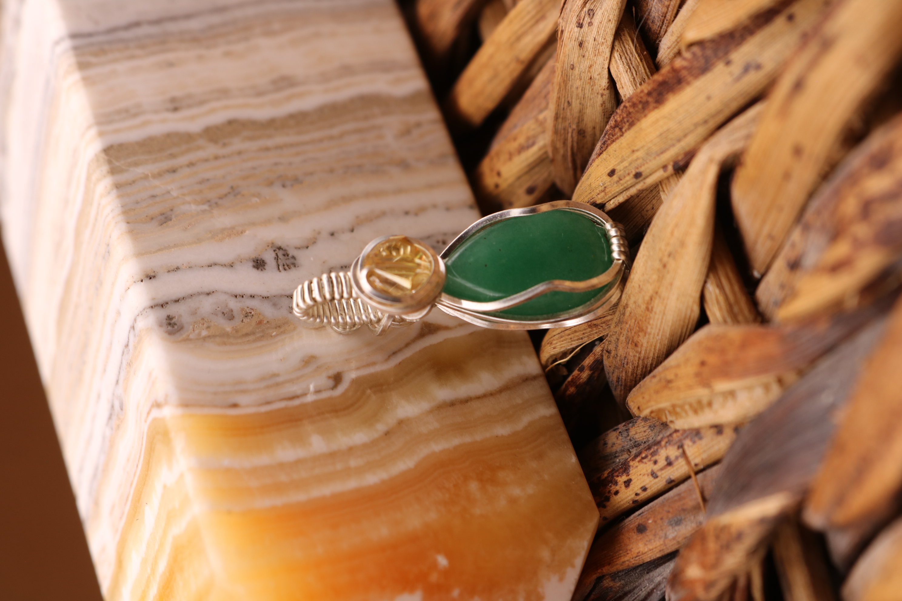 Gold Wire Wrapped Green Aventurine Crystal Necklace Pendant