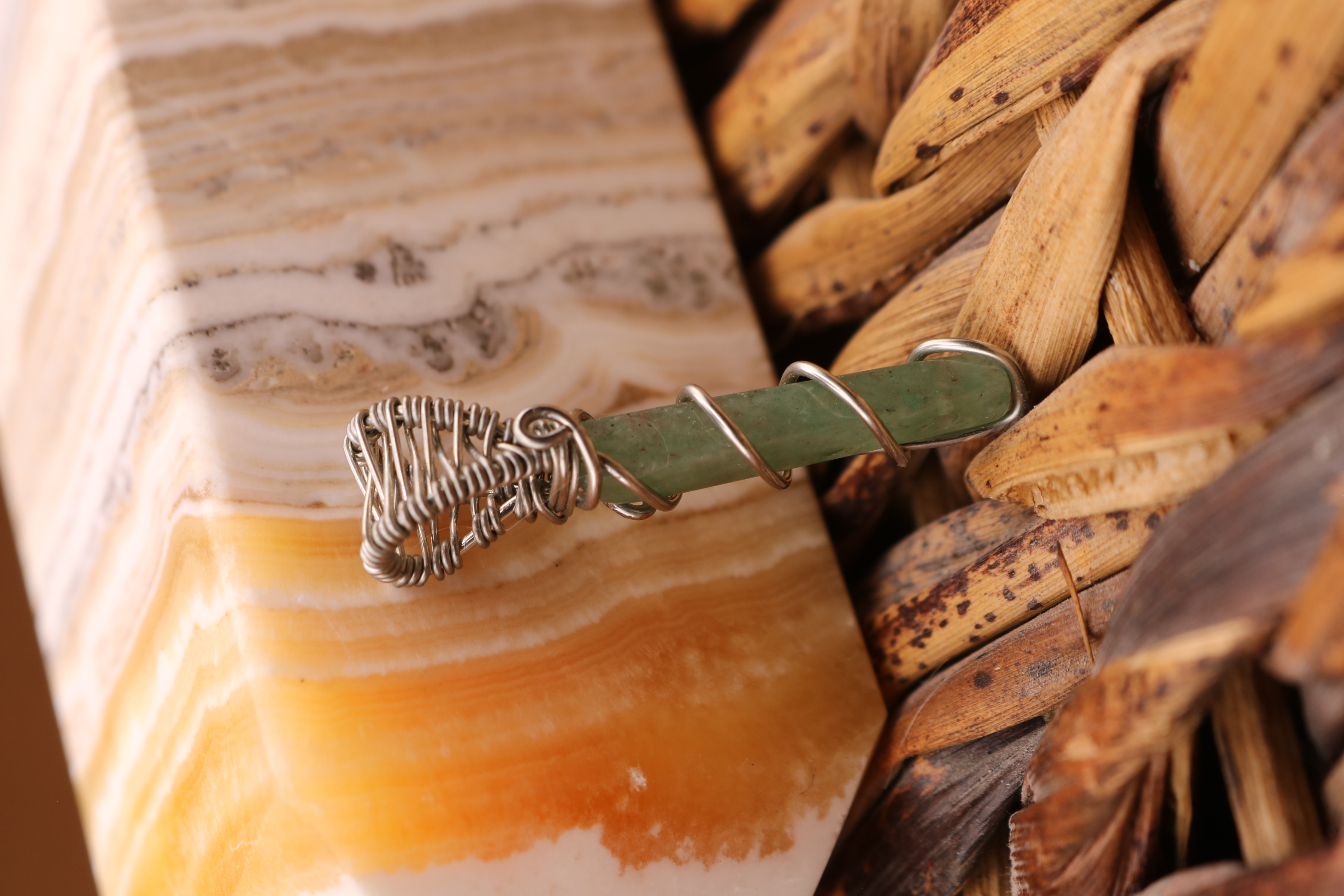 Silver Wire Wrapped Green Aventurine Crystal Necklace Pendant