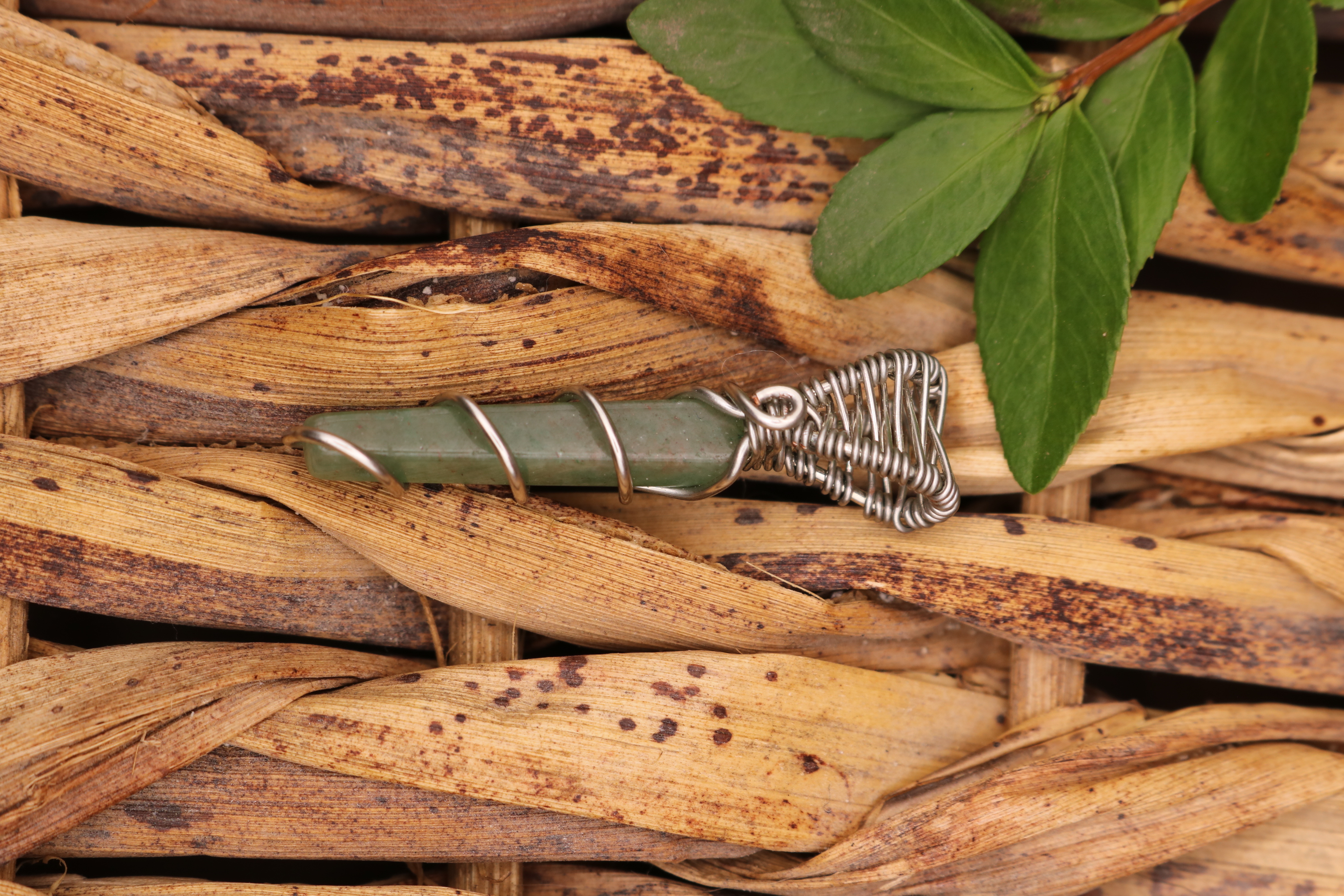 Silver Wire Wrapped Green Aventurine Crystal Necklace Pendant