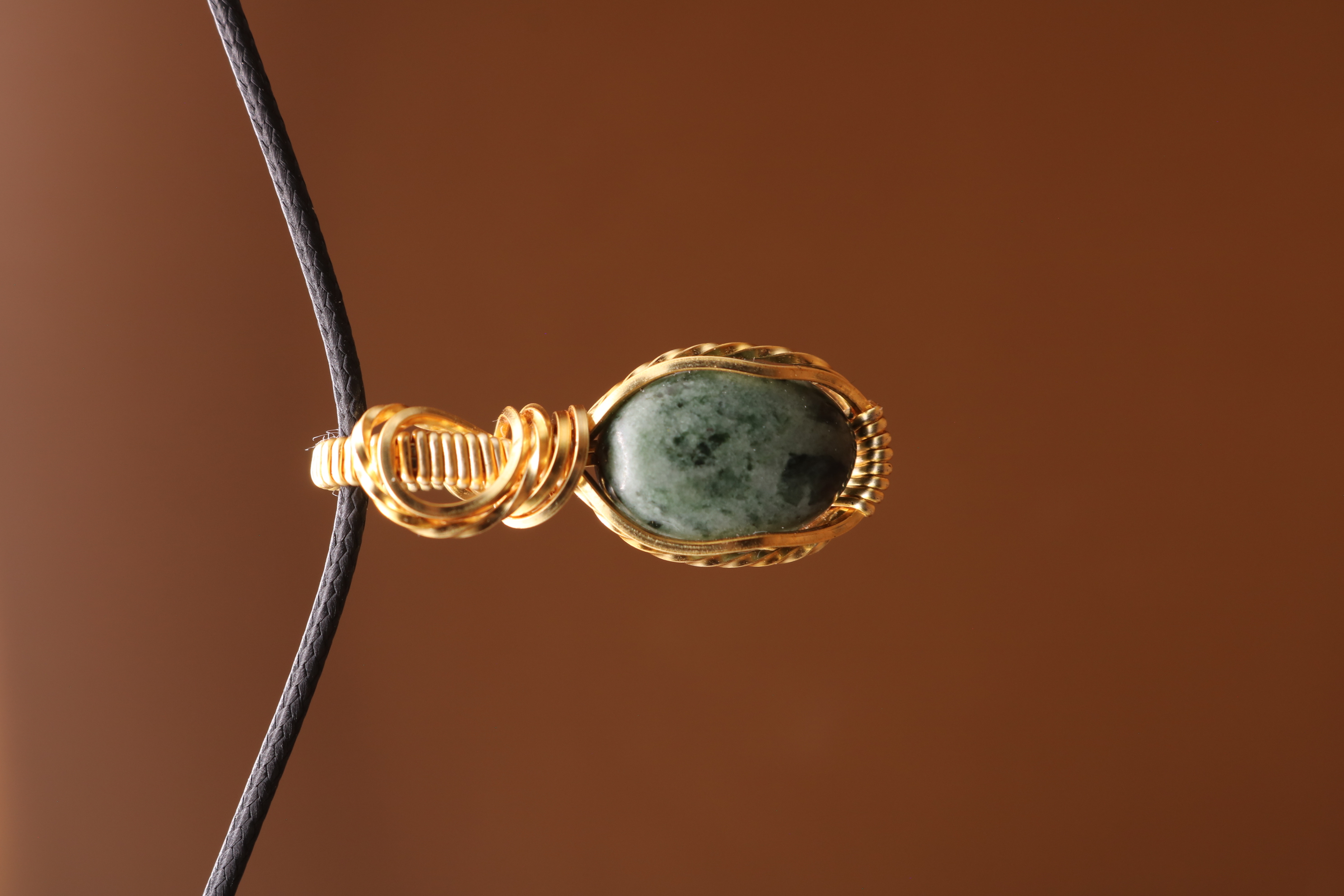 Gold Wire Wrapped Serpentine Crystal Necklace Pendant