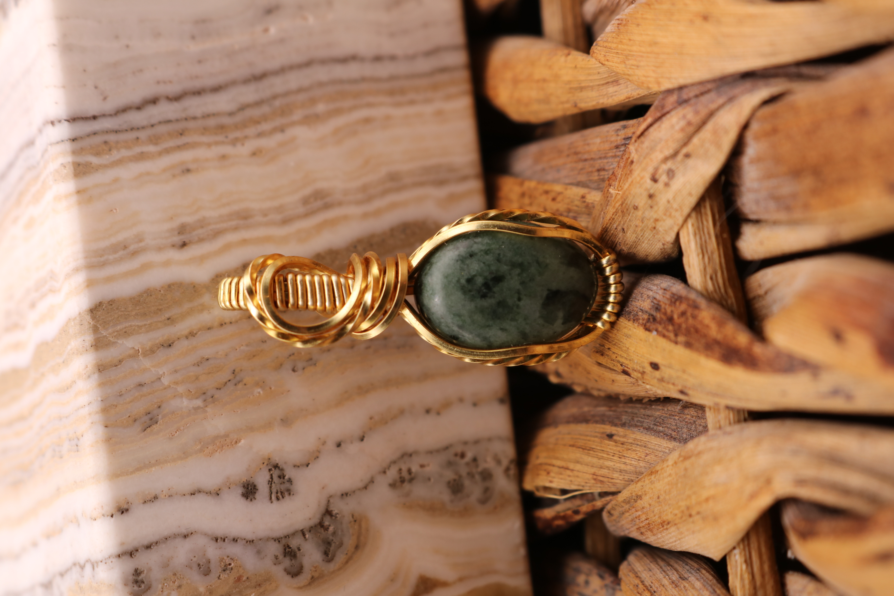 Gold Wire Wrapped Serpentine Crystal Necklace Pendant