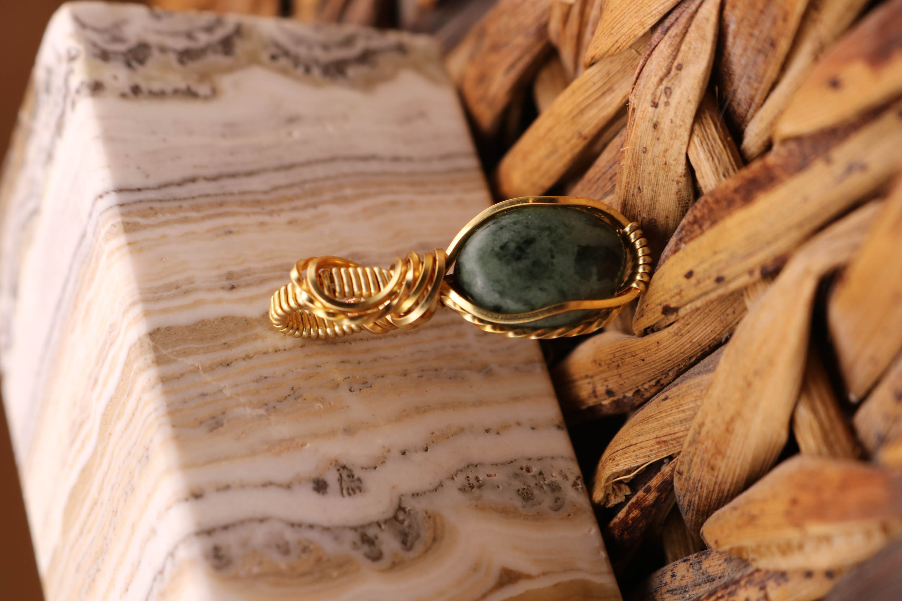 Gold Wire Wrapped Serpentine Crystal Necklace Pendant