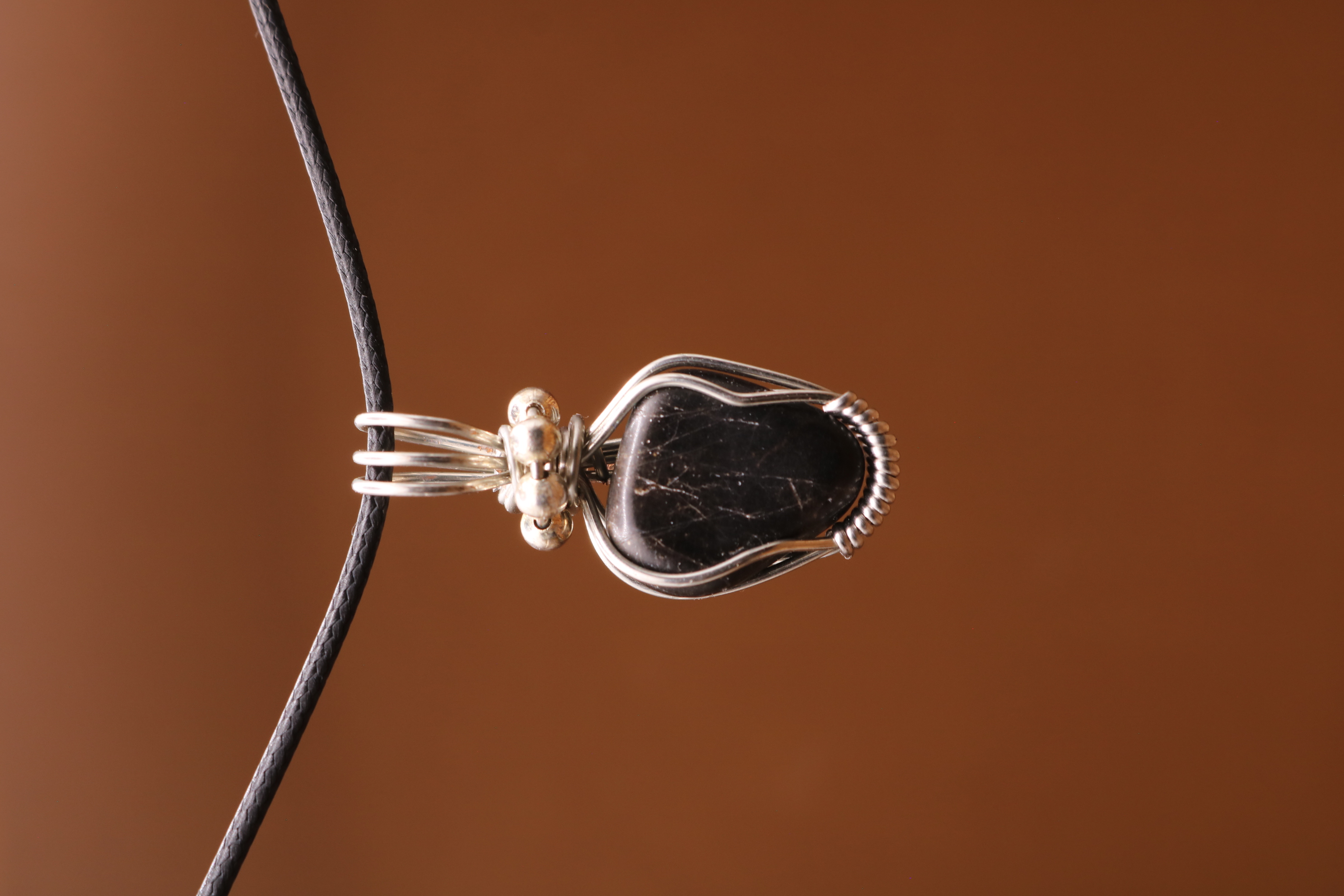 Silver Wire Wrapped Apache Tear Crystal Necklace Pendant