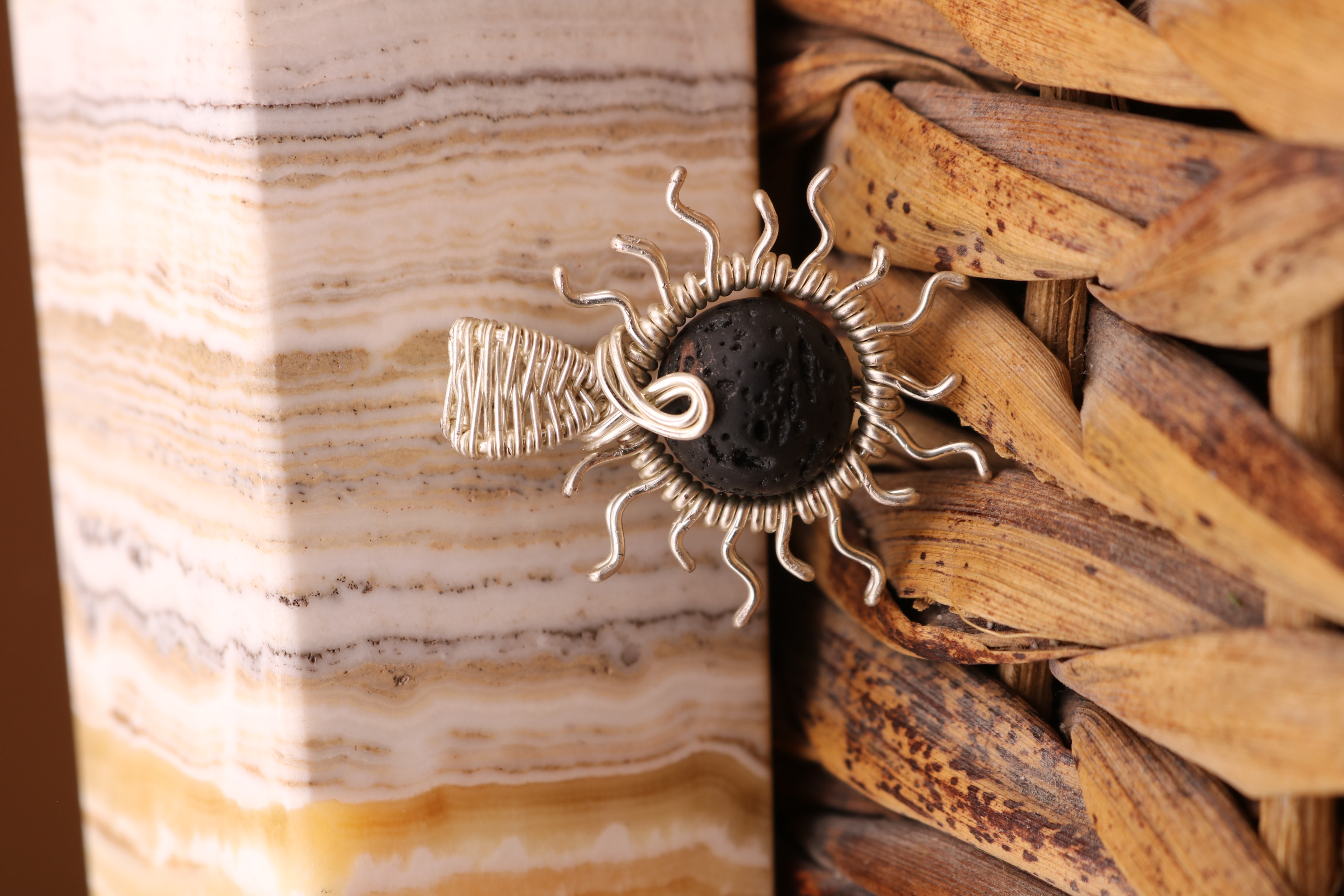 Silver Wire Wrapped Lava Stone Sun Necklace Pendant