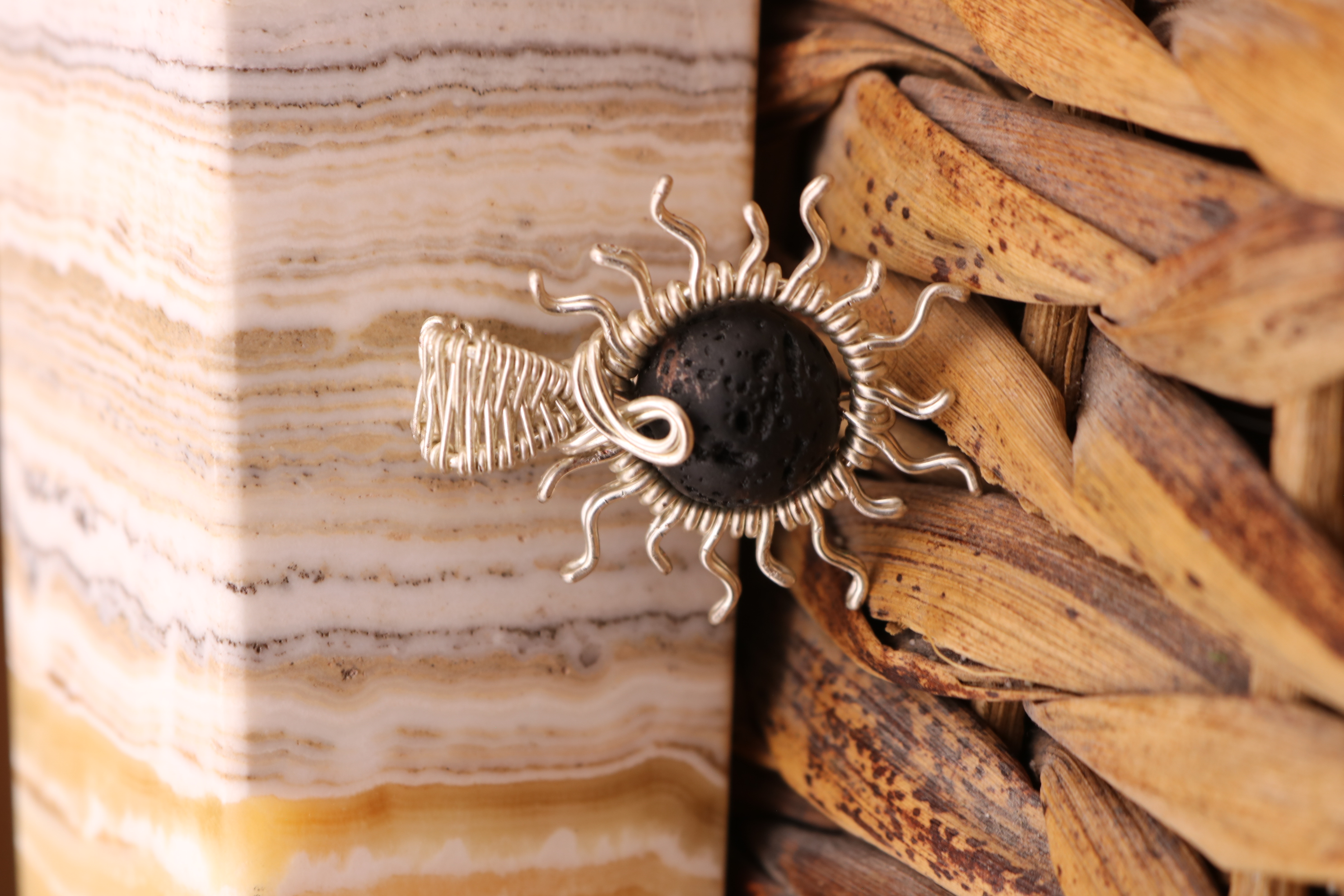 Silver Wire Wrapped Lava Stone Sun Necklace Pendant