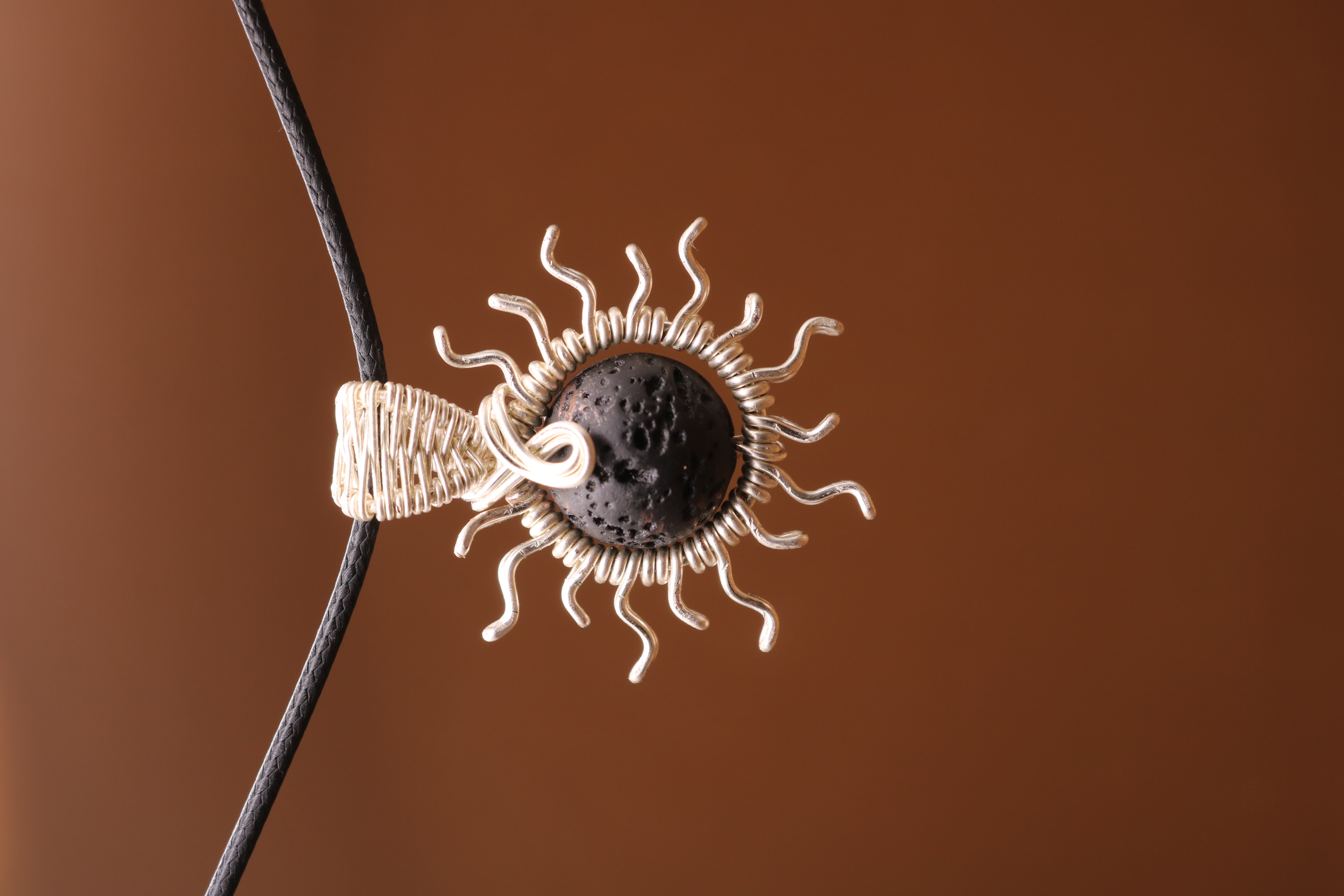 Silver Wire Wrapped Lava Stone Sun Necklace Pendant