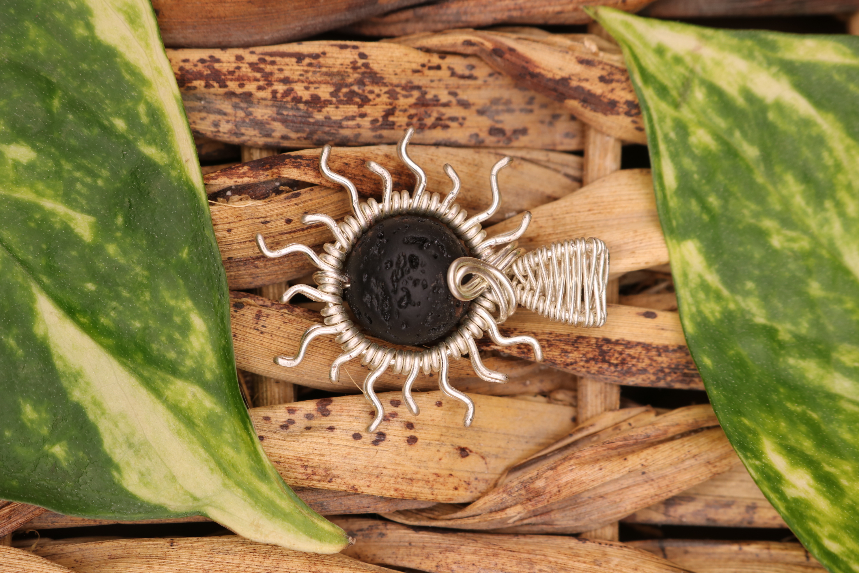Silver Wire Wrapped Lava Stone Sun Necklace Pendant