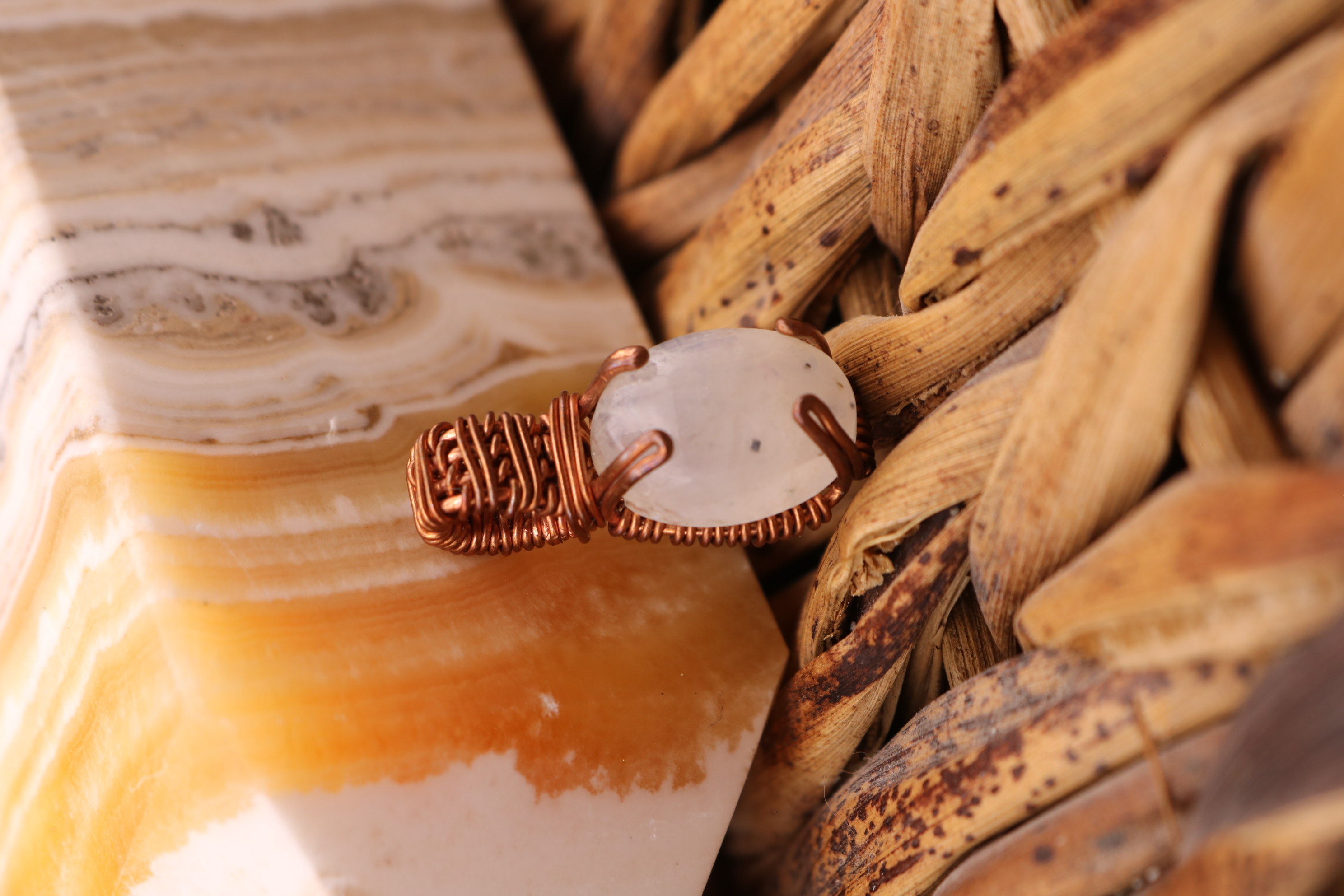 Copper Wire Wrapped Moonstone Crystal Necklace Pendant