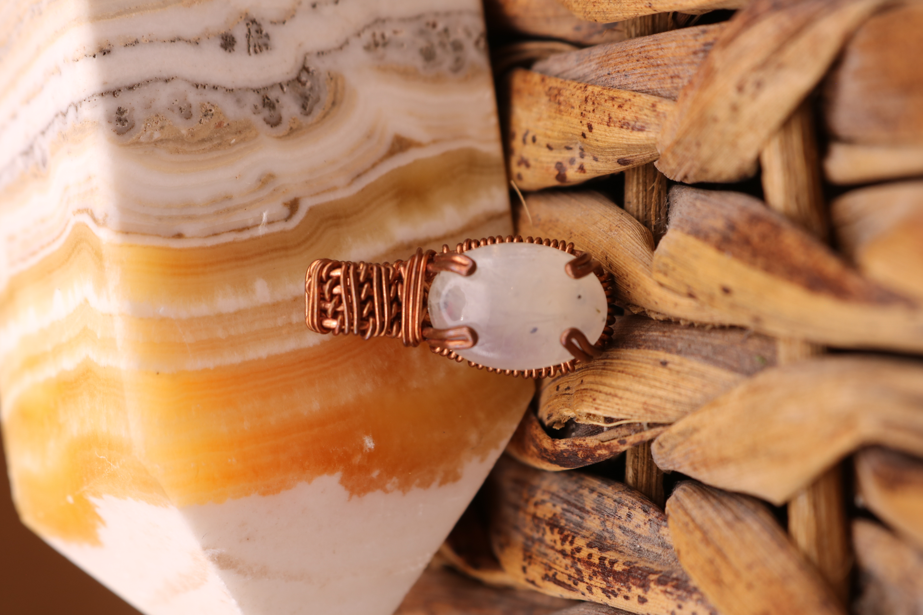 Copper Wire Wrapped Moonstone Crystal Necklace Pendant